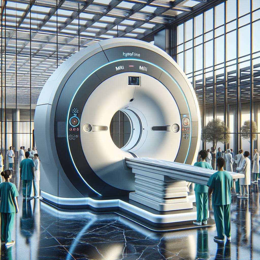 Visualize a stunning architectural breakthrough in medical technology from the year 2025. Envision a portable MRI machine named 'Hyperfine' — an advanced medical equipment compact enough to fit in different environments. The image should display this device with sharp details and superior craftsmanship under natural lighting, presenting soft shadows that create a harmonious balance between the object and its surroundings. The setting should be a contemporary healthcare facility bustling with multi-ethnic healthcare professionals in scrubs of varying colors.
