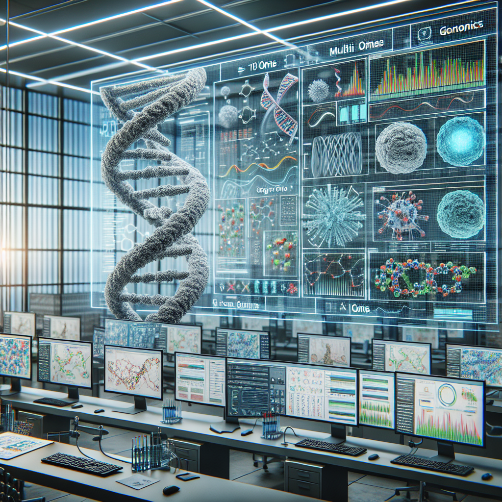 Generate a detailed, photorealistic image illustrating the concept of Multi Omics Genomics. The image should visualize the complex process of genetic data analysis for predicting diseases. Beside a large 3D model of a DNA helix, there should be an array of screens showing colorful data charts, genome sequences, and molecular structures. The room where this takes place must be filled with natural lighting coming from a window and applying soft shadows on the workstations.
