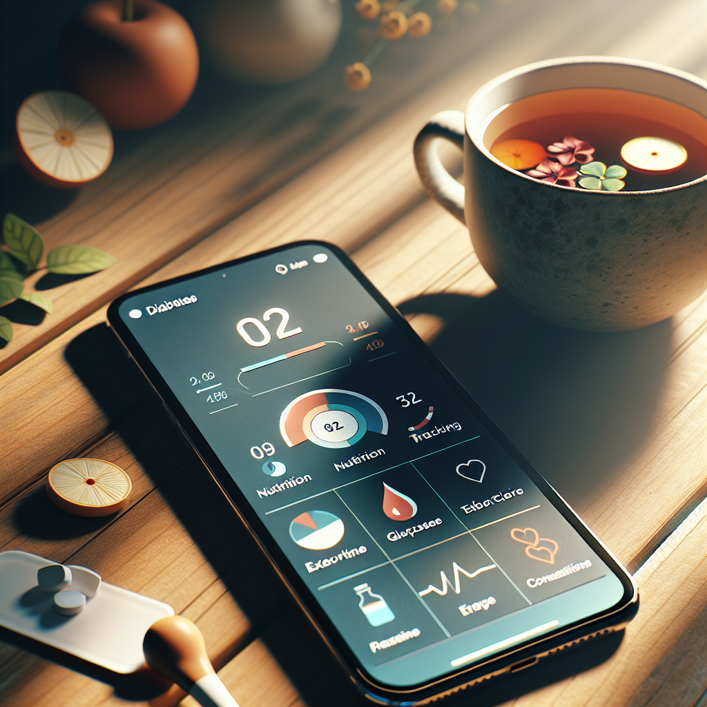 Create a photorealistic image illustrating the concept of Digital Therapeutics in context of diabetes relief. Picture an accessible and innovative application on a modern smartphone, visible on a wooden table with a soft light casting gentle shadows. The app offers several features like nutrition tracking, glucose level monitoring, exercise recommendations, and telemedicine consultations. A sense of relief and control filters through this technology, placed next to a cup of relaxing herbal tea, offering insights into the theme of effortless diabetes care. The image reflects a resolution towards healthier choices and lifestyle adjustments.