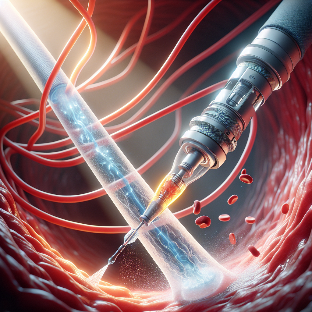 Generate a high-resolution, photorealistic image depicting the medical breakthrough in endovascular catheters for Pulmonary Embolism treatment. Illustrate the mechanism of action of a clot-busting catheter surrounded by soft shadows and natural light: Let a portion of the image show a close-up of the catheter tip releasing medication directly into a blood clot. Use light and shadow effects to enhance the visibility of the essential components and the overall clarity of the image. Remember, the illumination should not defy the laws of physics and the enhancements should emphasize the revolutionary nature of this medical technique without being obtrusive.