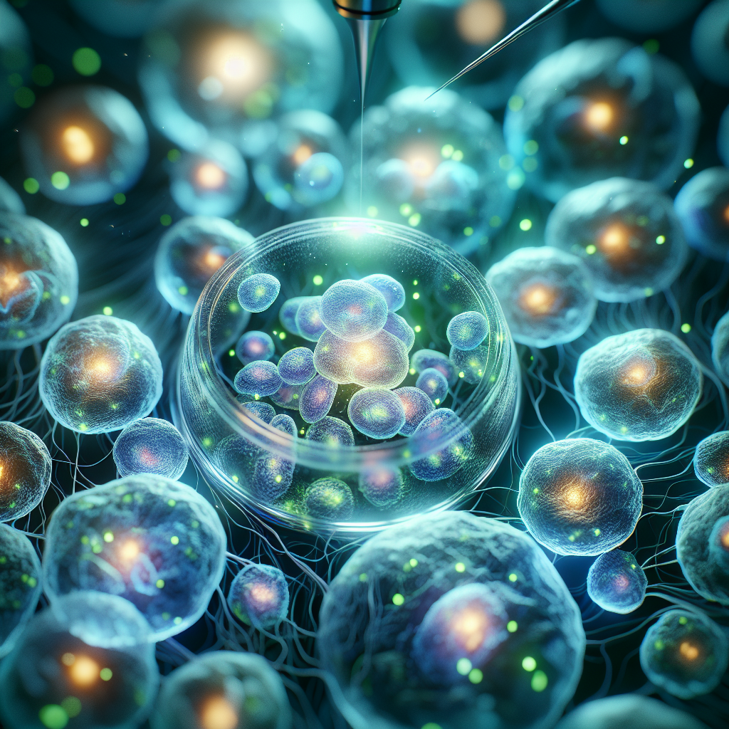 Create a photorealistic image that showcases a close-up view of iPSC (Induced Pluripotent Stem Cells) under the microscope, demonstrating the stunning advances in regenerative medicine. The cells should be depicted as glowing orbs of life, with hues of vibrant blues and greens, as if they are filled with the potential of life itself. Use natural lighting to highlight the cells and create soft shadows for added depth and realism. The surrounding area should signify a sterile medical laboratory environment, emphasizing on cleanliness and precision. Avoid personification of the cells; they should be represented purely as scientific entities.