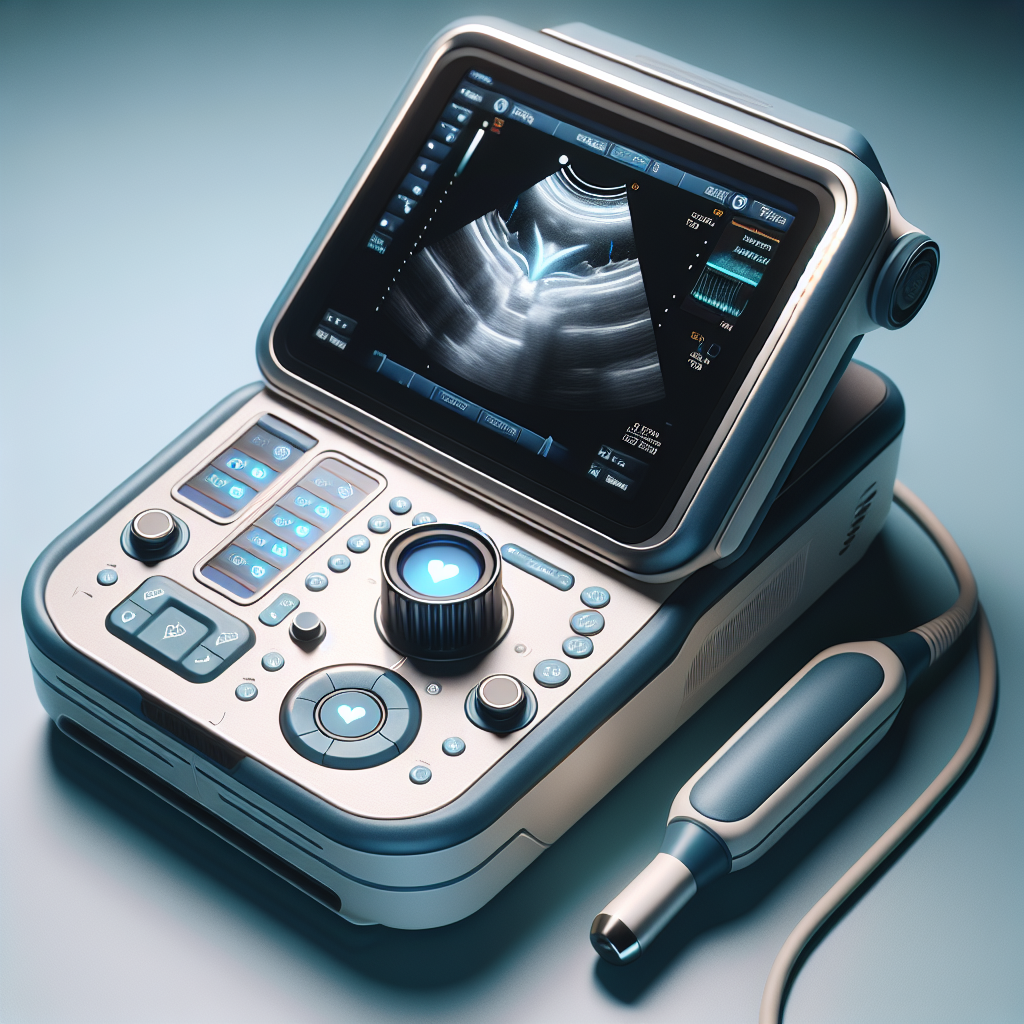 Generate a high-quality, photorealistic image of a portable ultrasound device, specifically focusing on the implementation of an AI-enhanced heart scanning technology. The image should incorporate natural lighting and soft shadows to accentuate the device and the sophisticated software it utilizes. Try to visually depict that the scan generated by this device is highly detailed and state-of-the-art, revolutionizing the field of medical imaging.
