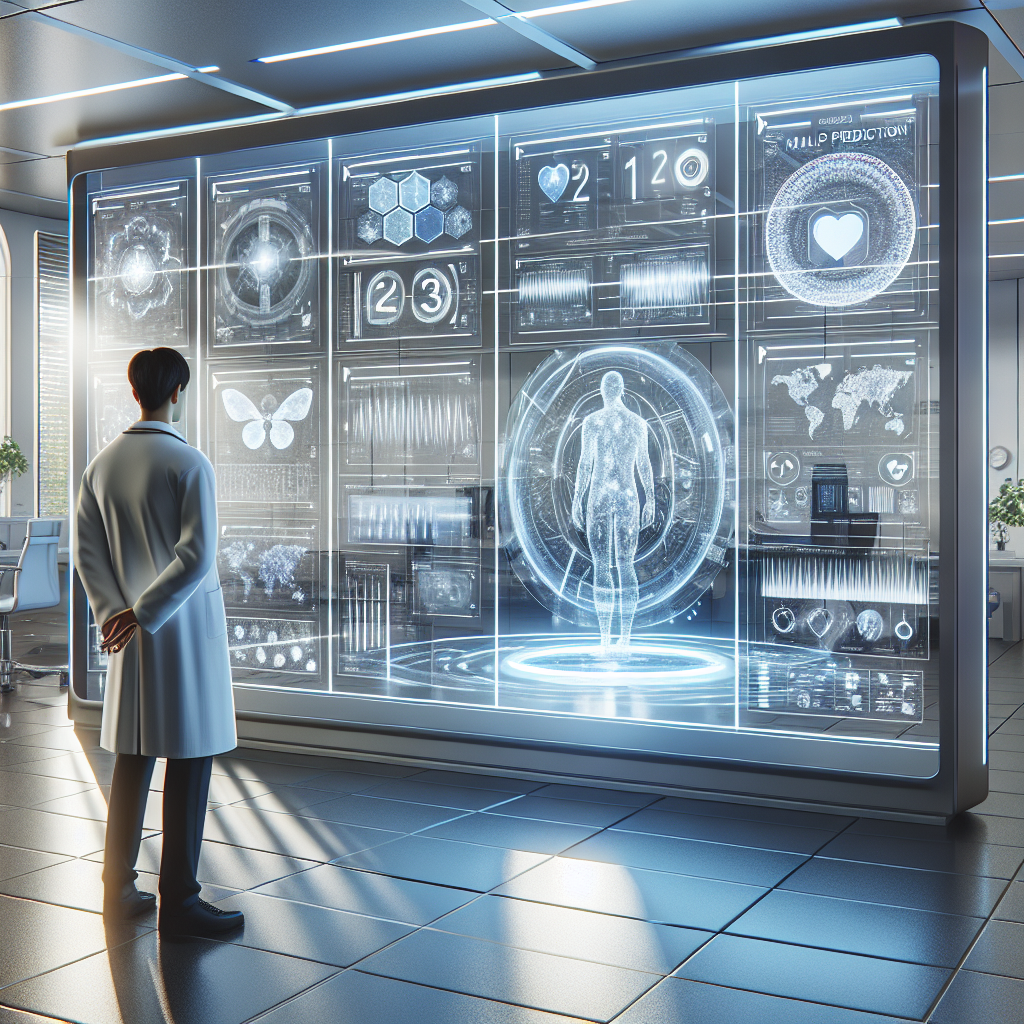 Create a photorealistic depiction of a futuristic medical setting where advanced technology, denoted as the 'MALP Prediction', is being used for health forecasting purposes. The technology consists of transparent screens showing a plethora of charts, diagrams and health parameters. There's a white-coated professional observing the screens with attentive intrigue. The scene is filled with natural lighting and has soft shadows providing depth. The environment inspires an optimistic vibe about the future of health technology.