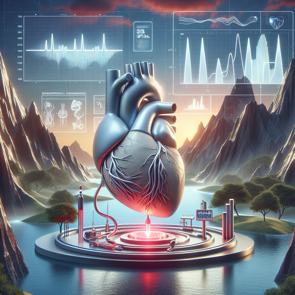 A conceptual image representing a significant breakthrough in TMVR (Transcatheter Mitral Valve Replacement) treatment for heart failure. The scene includes a beautifully designed 3D model of a heart illustrating the innovative procedure. In the background, a tranquil mountain range under a serene dusk sky, symbolic of the institution - Mount Sinai. The composition is bathed in natural light, casting soft shadows that imply realism and detail, while graphical elements such as charts and graphs hint at the results of a successful study rendering an overall sense of optimism and advancement in medical science.