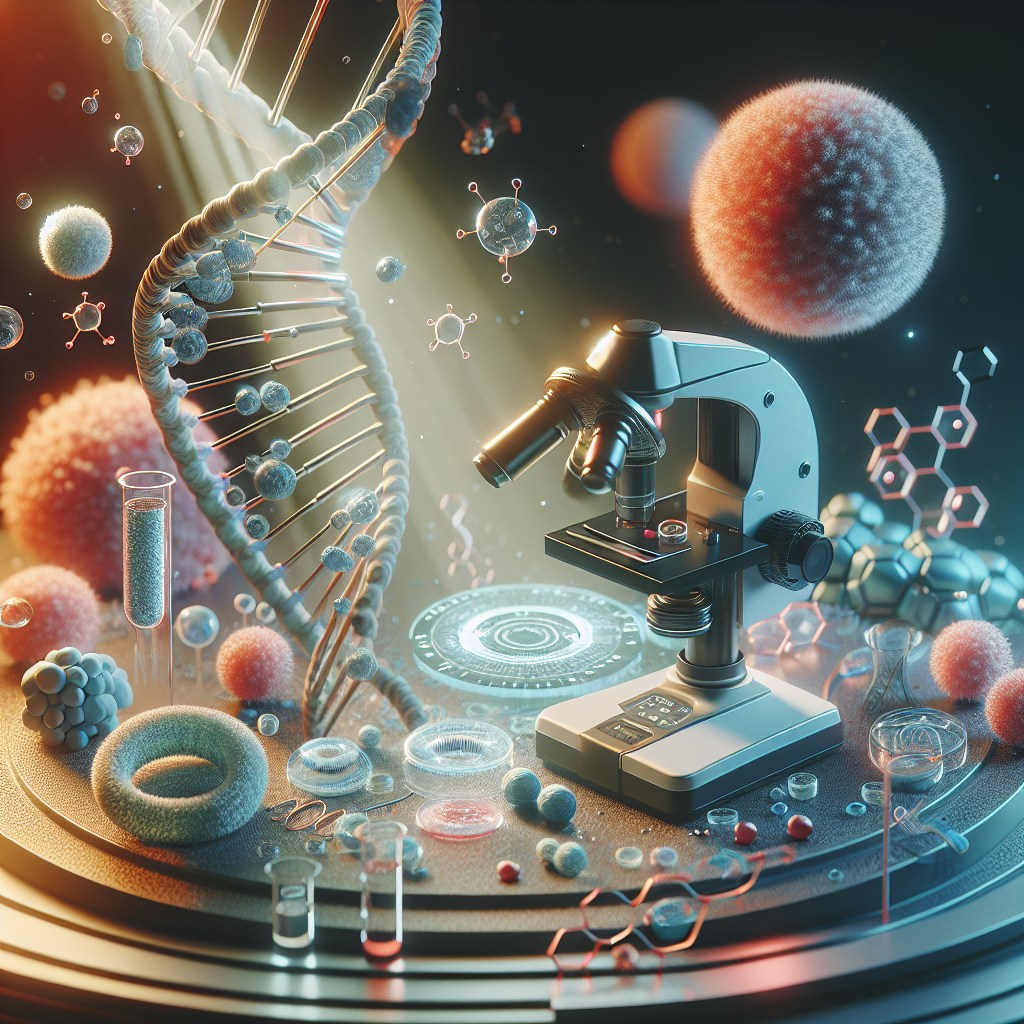 Create an image that reflects the concept of single cell nuclear sequencing. The scene should be symbolic of scientific discovery and depict structures like DNA strands, particles and microscopes. It should highlight the role of this technology as a major breakthrough in the field of Non-Alcoholic Fatty Liver Disease (NAFLD) research. The image style should be photorealistic and the lighting should be natural, showcasing soft shadows. Please exclude any humans or animals in this image, focusing on the concept and its significance instead.