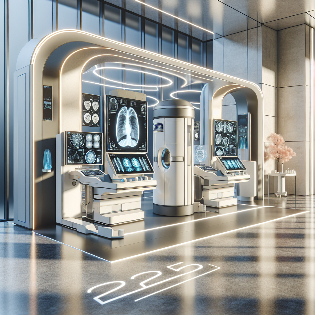 A high-quality photorealistic image using natural lighting and soft shadows, showcasing a modern medical imaging technology. There are futuristic medical machines, high tech monitors displaying innovative imaging technology along with cutting-edge diagnostic equipment. The setting is a contemporary, state-of-the-art medical facility with a date in the corner indicating the year 2025.