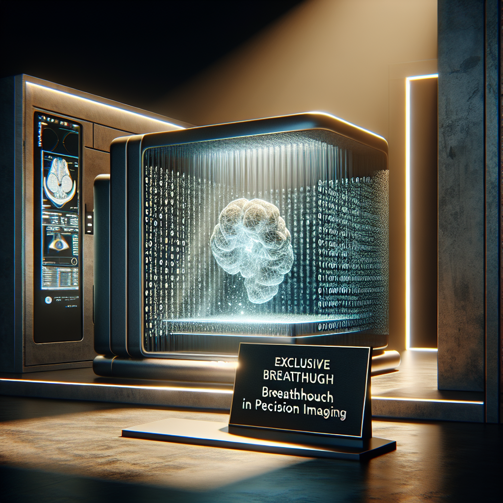 Visualize an illustrative concept for a breakthrough in precision imaging. Imagine a high-quality, photorealistic scene with advanced technology symbolizing revolutionary progress in AI-assisted imaging. The scene could capture a next-generation computer with intricate patterns of binary codes illuminating the dark room, and an imaging scan radiating soft shadows under natural lighting. On the forefront, a plaque should stand showcasing 'Exclusive Breakthrough in Precision Imaging'. The imagery should evoke the power of AI innovation in medical imaging.