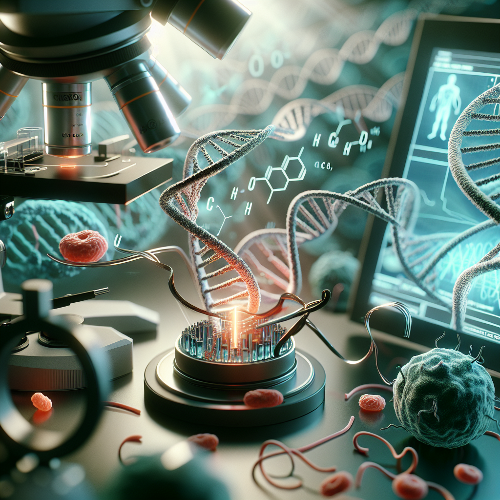 A stunning scientific breakthrough in cancer therapy using Base Editing CRISPR. Picture this: A close-up view of a DNA strand under a microscope, where the CRISPR mechanism is accurately targeting a specific base on the strand. Nearby, a computer with a complex genetic code is visible. Intertwined, symbols of cancer cells and a symbolic barrier represents the therapy's effectiveness against cancer. The scene is lit by natural light, creating soft shadows which emphasize the intricate details of this scientific phenomena.