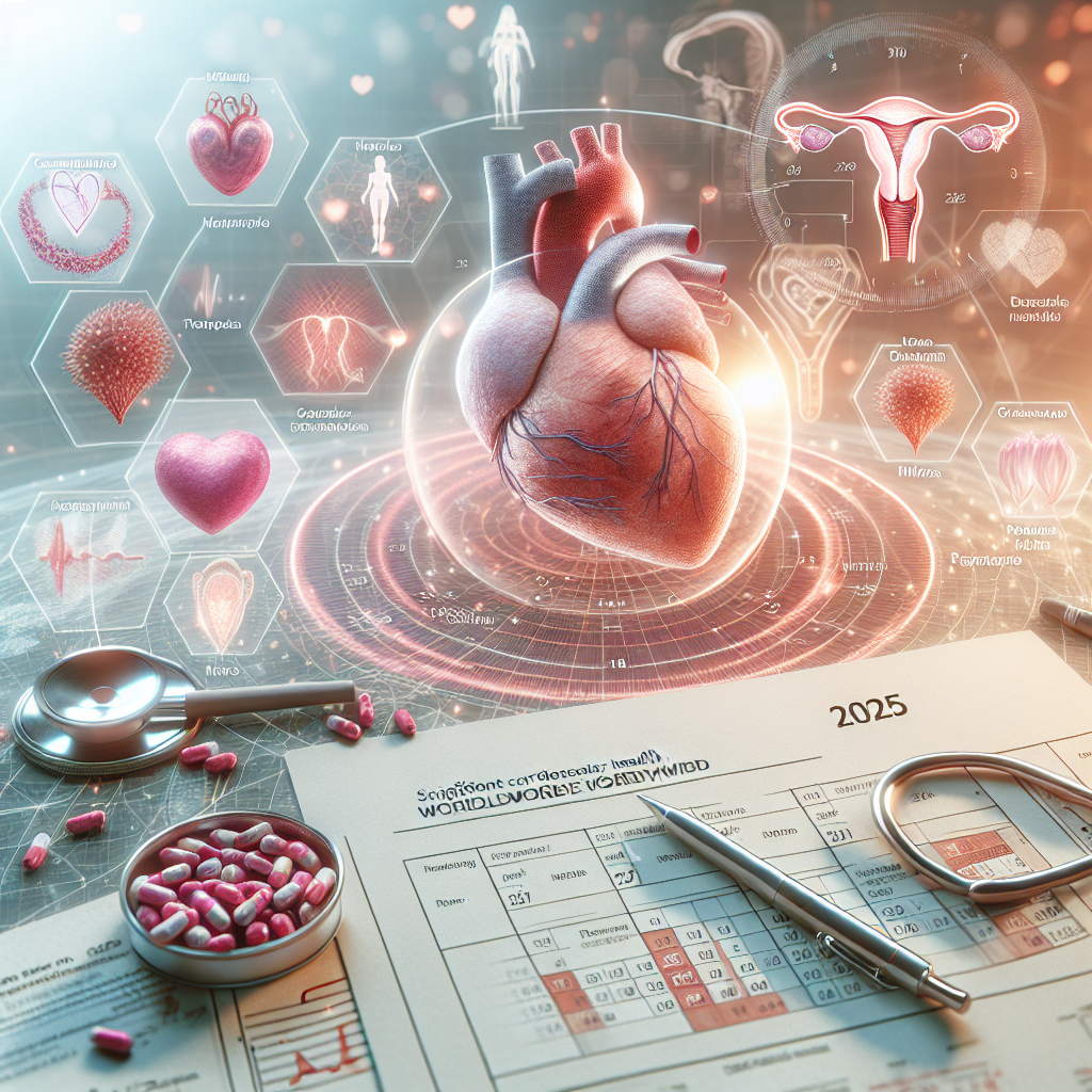 Create a photorealistic image displaying a significant medical breakthrough in cardiovascular health worldwide in 2025, specifically related to menopause stages in women. Imagine a scene with a blend of natural lighting and soft shadows, reflecting the importance and profound impact of this development. Include elements such as heart diagrams, diagrams of the female reproductive system during menopause, research papers, medical icons, and calendar showing the year 2025.