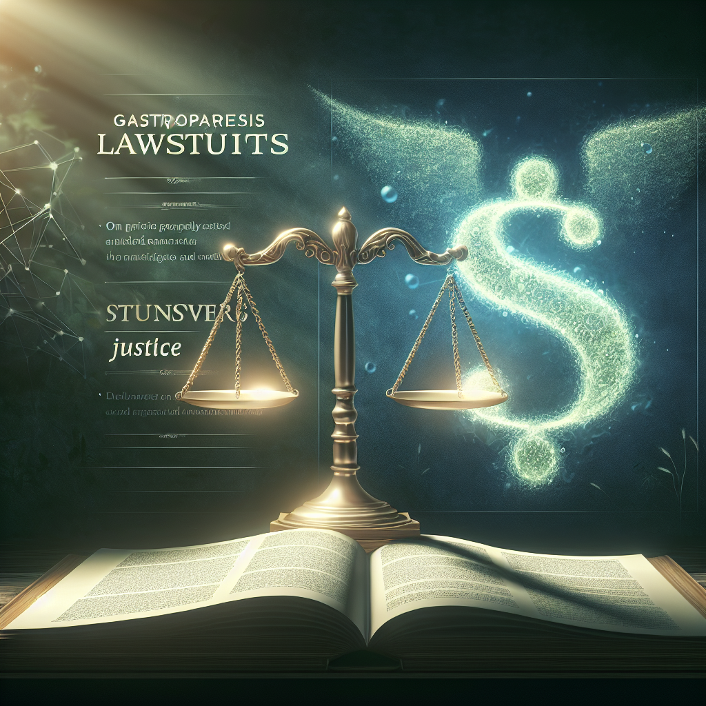 Generate a high-quality, photorealistic image showcasing a concept of justice related to the medical field. Illustrate this using a symbol commonly associated with justice, such as a scale, and partially hidden under soft, mysterious shadows. The illustration should also include captions related to 'Gastroparesis Lawsuits' and 'Uncover Stunning Justice', using elegant and eye-catching typography. Natural lighting should be prominent, adding a realistic feel to the image.