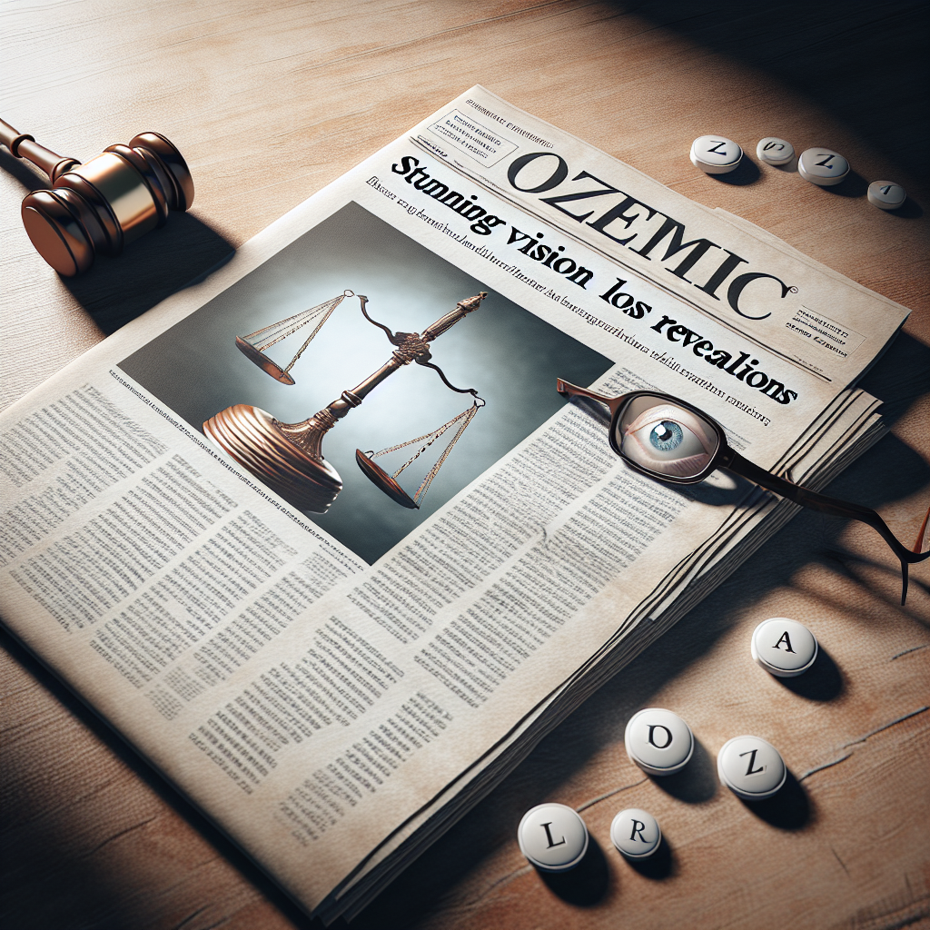 Design an image relating to a lawsuit regarding a medication named 'Ozempic'. It should prominently feature scales of justice and a representation of vision loss. The image style should emphasize natural lighting with soft shadows, to lend a sense of realism. Alongside, a newspaper headline should read 'Stunning Vision Loss Revelations'. Note: absolutely do not represent any real people, specific lawsuits, legal representatives, or courts to ensure privacy rights.