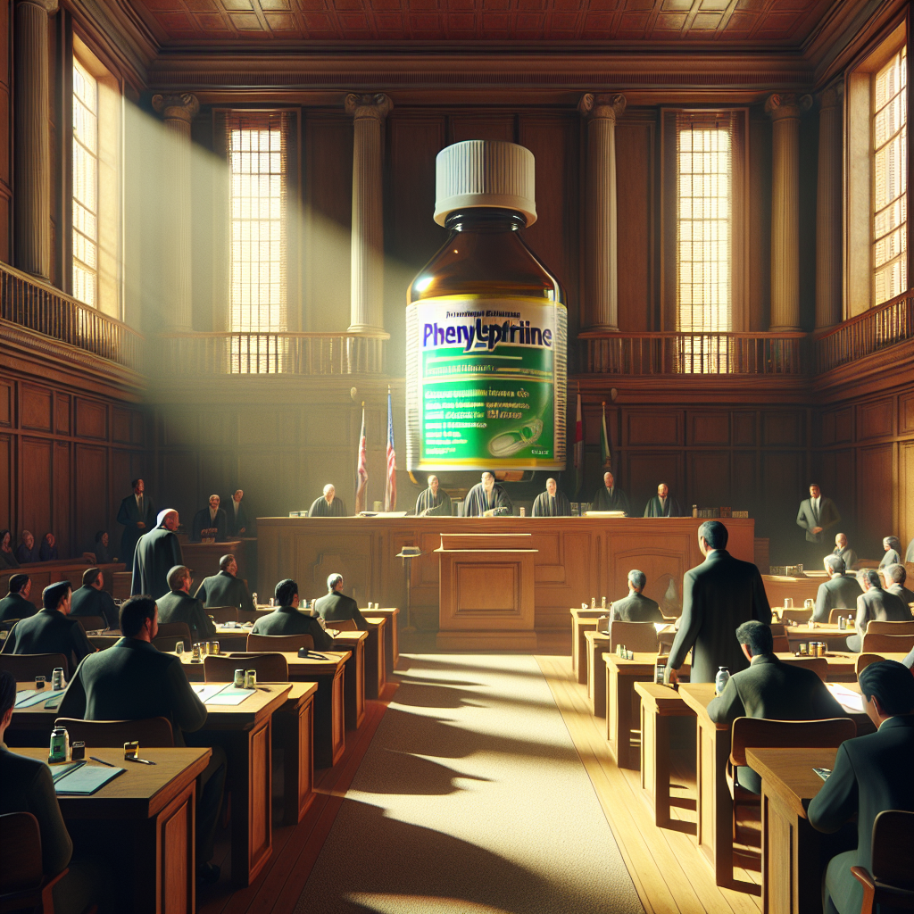 A vivid, photorealistic depiction of a high-stakes courtroom scene unveiling a lawsuit, where the subject of contention is a bottle of a cold medicine named Phenylephrine that is being challenged for its alleged inefficacy. The room is bathed in natural sunlight, creating soft shadows that further emphasise the dramatic atmosphere. Filling the room are lawyers presenting arguments related to the case, the judge thoughtfully considering the proceedings, and the transfixed audience. The image as a whole suggests tension, intrigue, and the pursuit of justice.