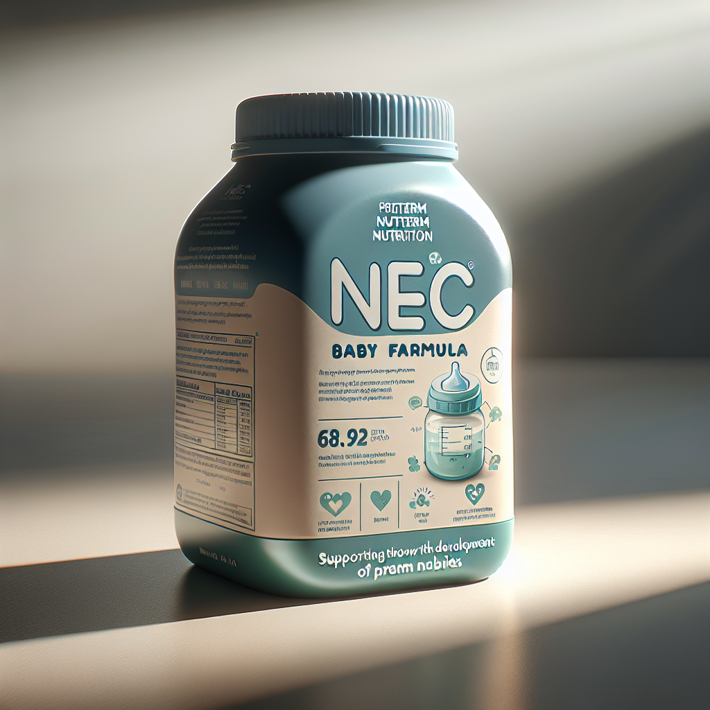 A high-quality, photorealistic image of a product called NEC Baby Formula. This preterm nutrition product makes a bold statement as a must-have for preterm baby nutrition. The product's packaging is detailed, emphasizing its vital claims about supporting the growth and development of preterm babies. Natural light illuminates the scene, causing soft shadows that enhance the prominent features of the baby formula packaging. The scene has an informative vibe, making it clear that this product is a significant contribution to the field of preterm infant nutrition.