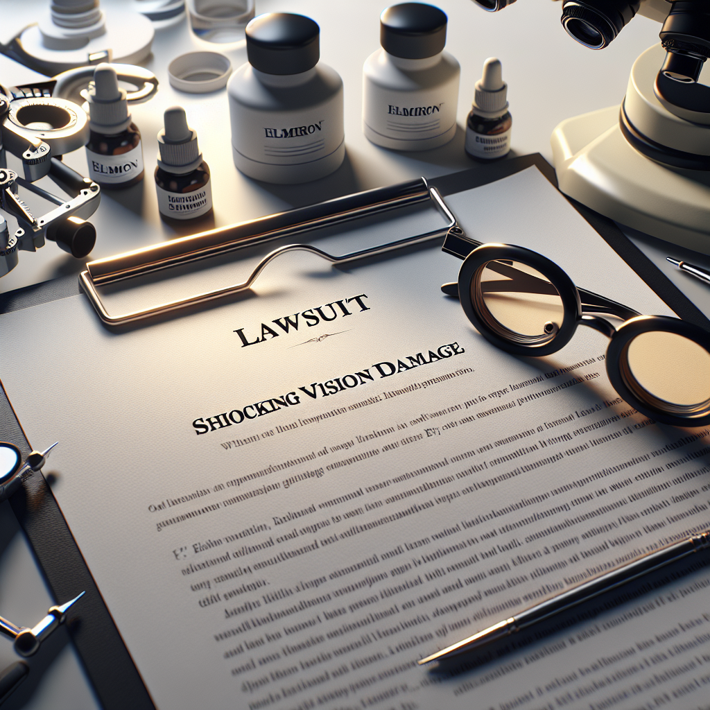 Generate a high-quality, photorealistic image using natural lighting and soft shadows. The scene should depict a legal document emphasized on a desk, surrounded by eye exam equipment. The document should reflect the title 'Elmiron Lawsuit', and below the title, a phrase alluding to shocking vision damage.