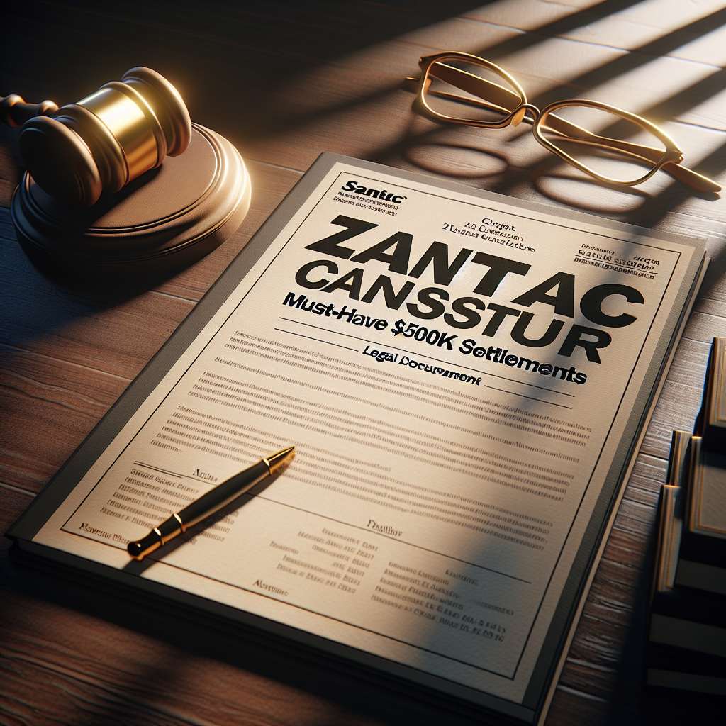 Create an image showing the cover of a legal document which reads 'Zantac Cancer Lawsuit: Must-Have $500K Settlements'. The document should be placed on a dark-wooden table with soft shadows cast around it. Morning sunlight filters through nearby blinds, giving the overall scene a warm and realistic feel. Adjacent to the document, place a golden gavel, a symbol of authority and judgment in law, as well as a set of reading glasses.