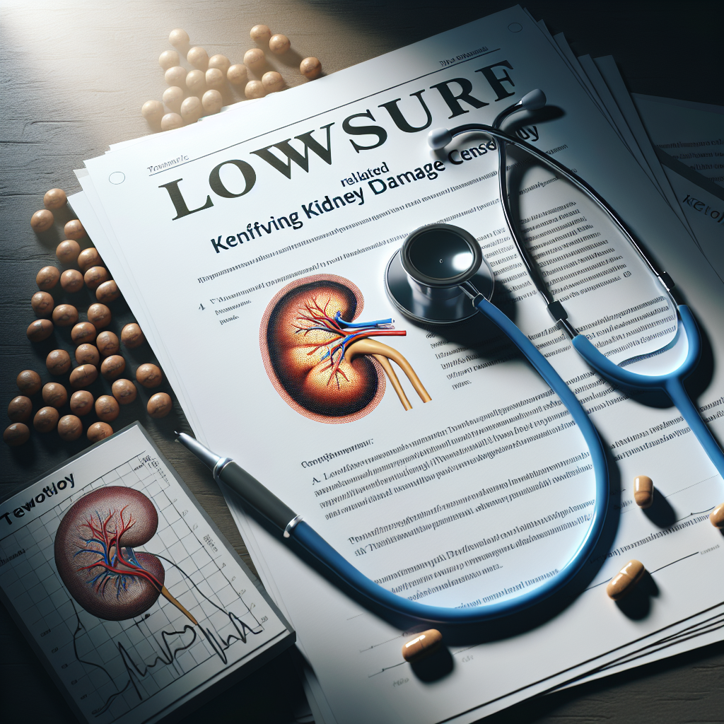 Create a photorealistic image that denotes a lawsuit related to Tenofovir, symbolizing kidney damage concealment. Conceptualize it as a court document with highlighted ominous texts, a stethoscope, and a kidney diagram. All these elements should be dipped in natural light casting soft shadows.
