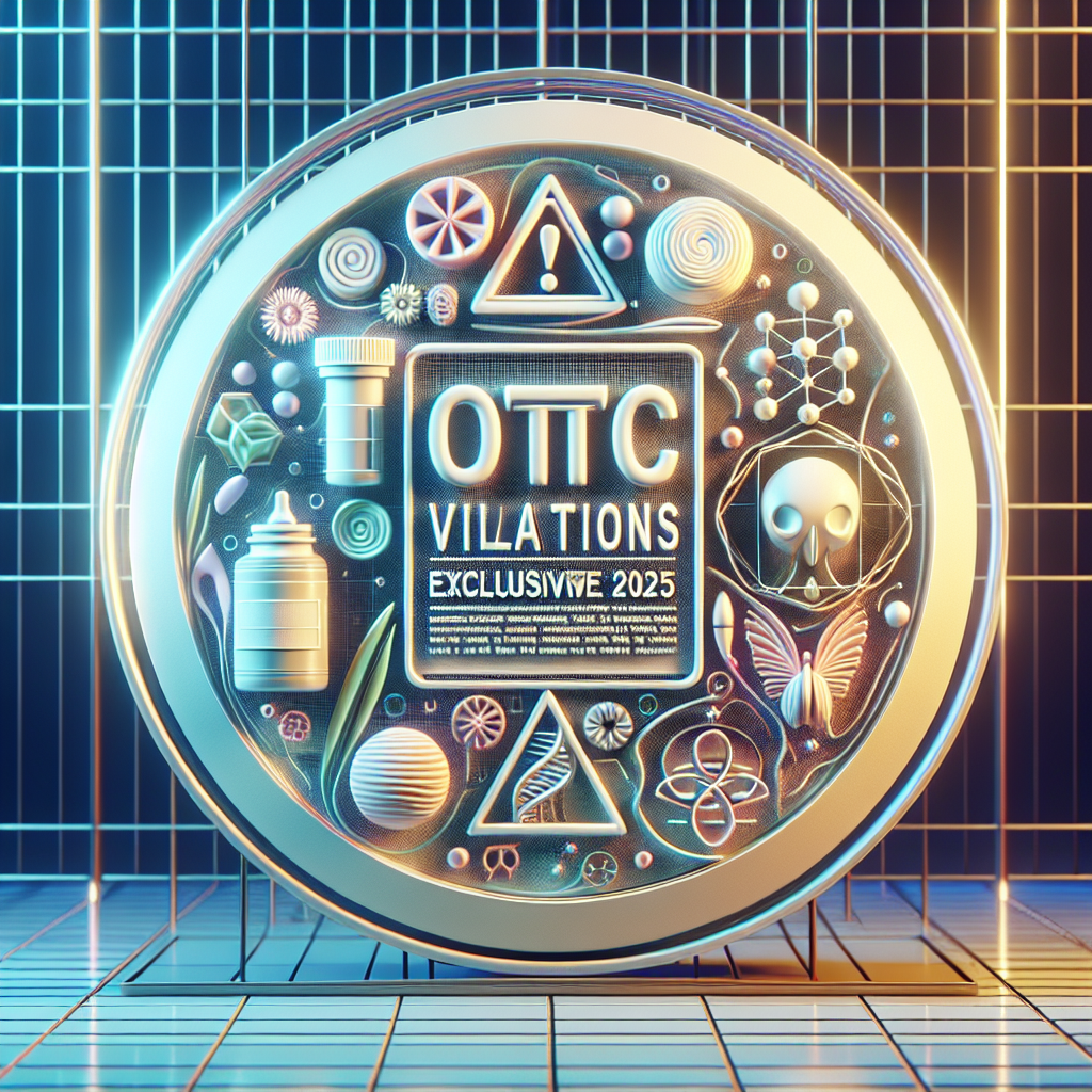 Create a photorealistic image showcasing an abstract interpretation of 'FDA OTC Violations: Exclusive 2025 Warning Insights.' Use elements such as a symbolic representation of a warning, mixed with visuals suggesting violation and insight. Make sure natural lighting and soft shadows complement the scene. Please do not use real names or specific people. It should feel futuristic, representing the year 2025.