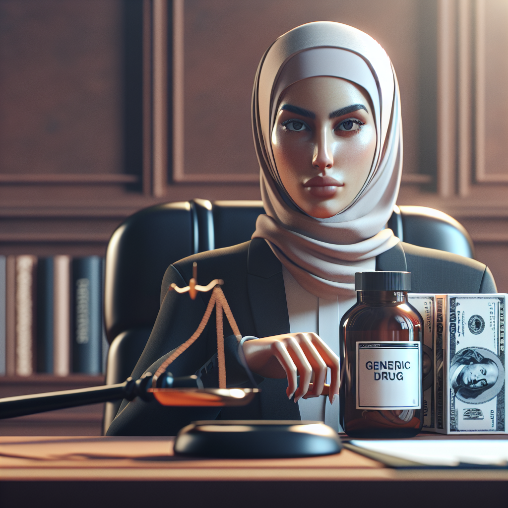 Visualize a high-quality, photorealistic image with natural lighting and soft shadows, representing the conceptual essence of a generic drug lawsuit pertaining to skincare price fixing. Picture a courtroom scene with a judge, lawyer and defendant. The lawyer is a middle-eastern woman in professional attire, having a stern expression. Carry a feeling of tension and seriousness. Elements such as court documents, skincare products with high price tags and gavel can be included to make it clear.
