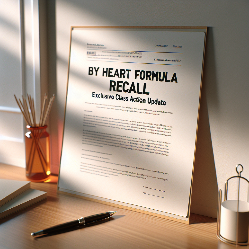 Create a photorealistic image of a document titled 'ByHeart Formula Recall: Exclusive Class Action Update'. The image should be bathed in natural light, casting soft shadows. The paper appears crisp and clear, with the title written in bold, professional fonts. The document rests on a clean wooden desk with minimally styled stationery items around it, further enhancing the overall aesthetic. The surroundings are serene, calm and focused, enhancing the gravity and exclusivity of the class action update.