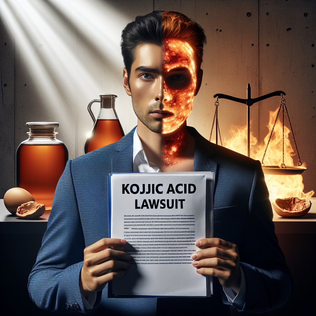 A dramatically lit scene depicting an individual in the legal field, revealing a document labeled 'Kojic Acid Soap Lawsuit'. In the background, put contrasting representations of skincare truths: one side showing a healthy, glowing skin and the other showing damaged skin from unregulated skincare products. Use natural light casting soft shadows for an impactful image. Create everything in a realistic style.