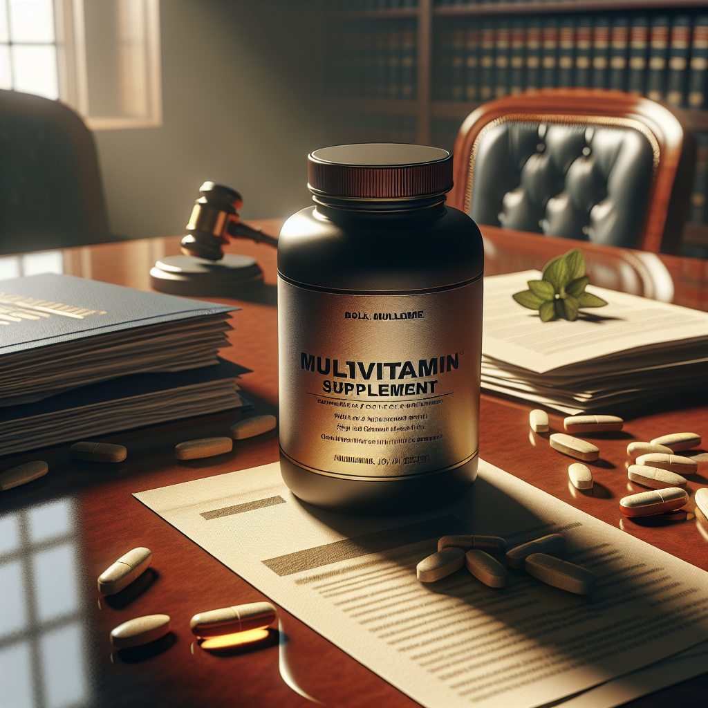 Create an image that depicts a setting related to legal proceedings. There should be a multivitamin supplement bottle with a label that raises the question of authenticity. Place it on a polished mahogany table with scattered documents that hint at a lawsuit. The lighting should be natural, falling softly to cast long, gentle shadows in the room. The scene should convey distress, worry, confusion, and shock. Note that the multivitamin supplement label should be blurred or unrecognizable, to respect brands and avoid improper representation.