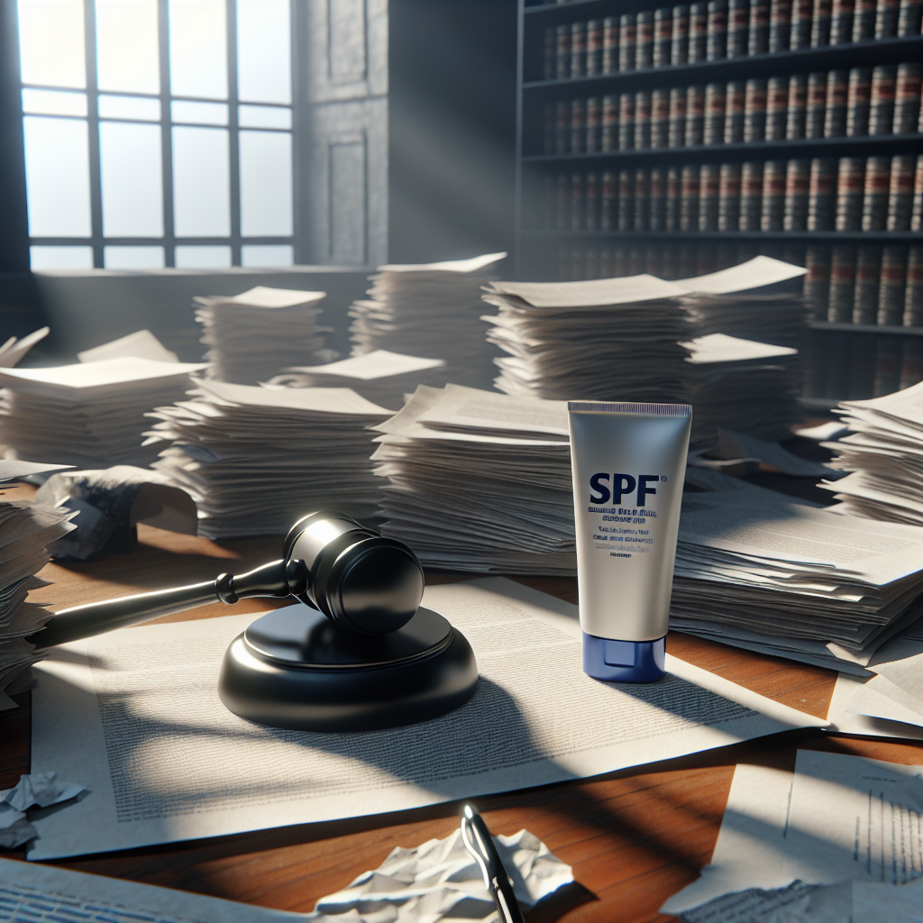 Create a photorealistic image portraying a chaotic scene in a legal setting, with papers strewn about, a judge's gavel lying on a desk, and a bottle of SPF cream standing out in the midst of the chaos. The room should be filled with natural light casting soft shadows that add a dramatic and serious atmosphere to the scene.
