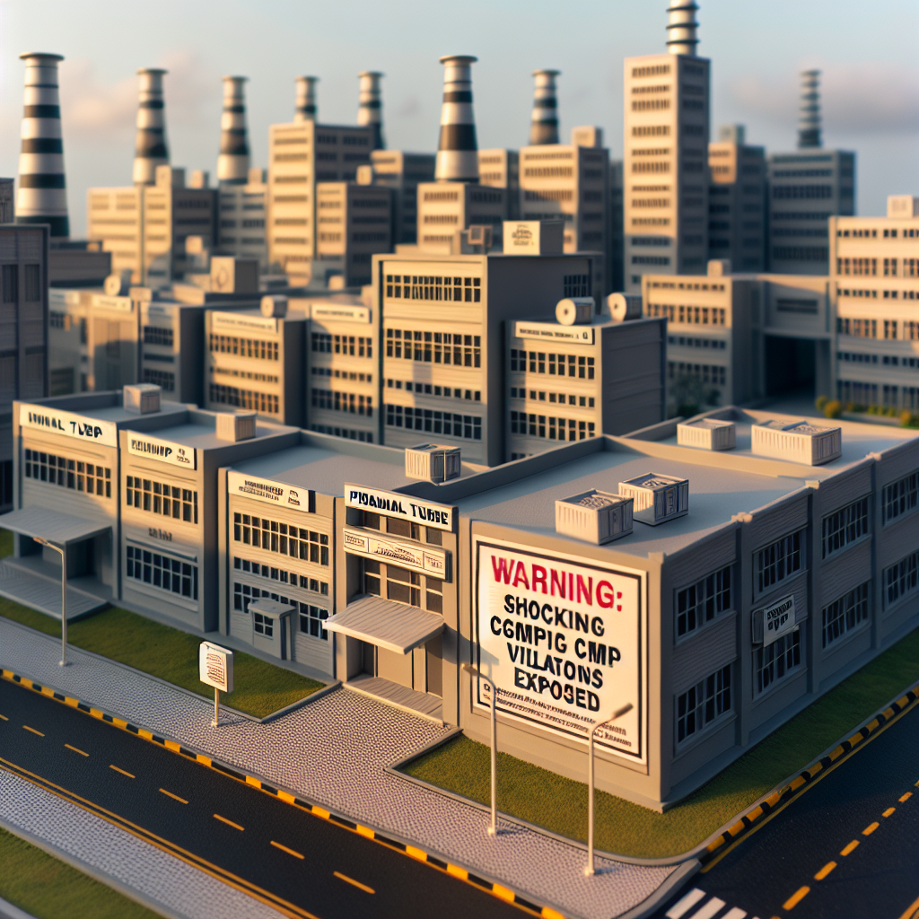 Create an image with a focus on a manufacturing facility labeled 'Piramal Turbhe'. Signage around the facility indicates 'Warning: Shocking cGMP Violations Exposed'. The architecture should ensure attention is drawn to perceived cGMP non-compliance issues. Capture the scene under natural lighting conditions casting soft shadows.