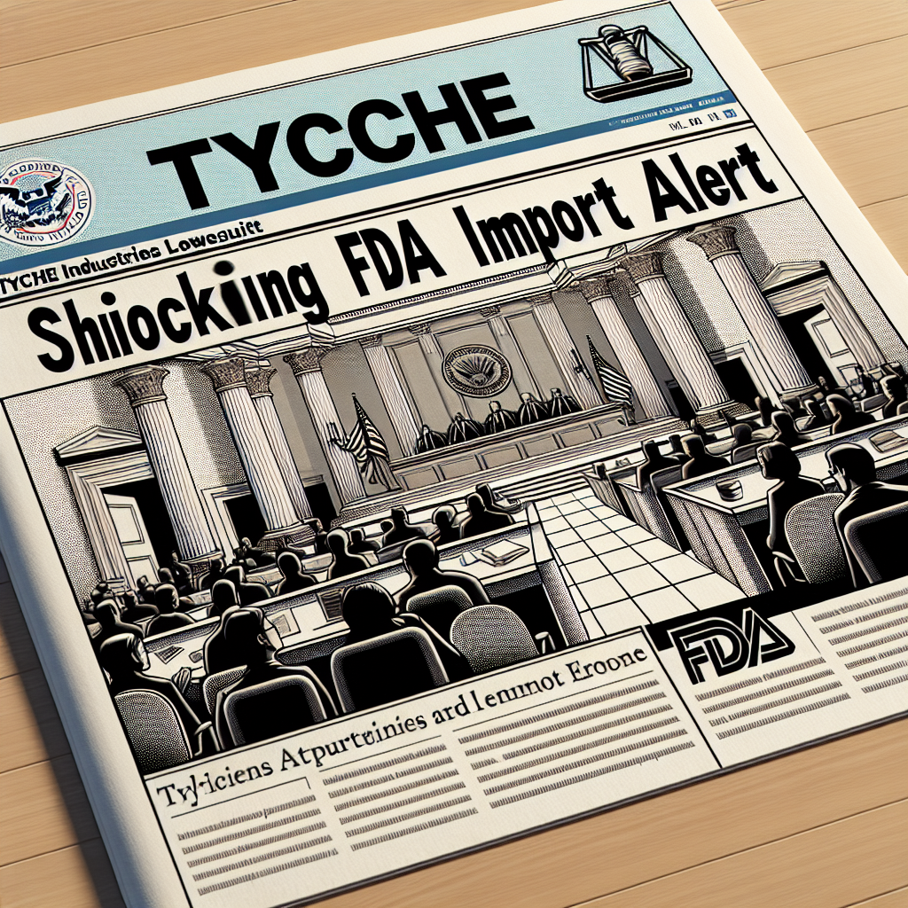 A visual representation of a newspaper headline. The headline reads 'Tyche Industries Lawsuit: Shocking FDA Import Alert ' with a background image showing an illustration of a courtroom with judges, attorneys, and people. In the lower part, depict an FDA logo suggestive of an import alert. Make sure to apply natural lighting and soft shadows, adding a photorealistic touch to the composition.