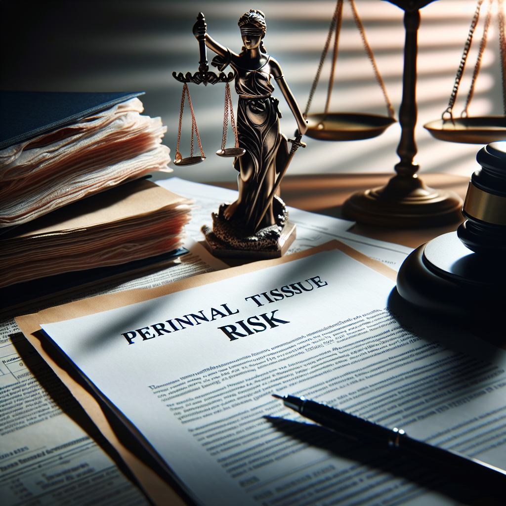 An image presenting a scenario related to a medical lawsuit, focusing on the concept of perinatal tissue risks. The image should have a thematic and dramatic feel, with a focal point of an official-looking document titled 'Perinatal Tissue Risk,' surrounded by legal papers scattered haphazardly. Further, include a gavel and a symbol of justice, such as a statue of Lady Justice opaque in the background, strategically lit by a soft yet intense natural light that casts soft shadows. Note: the name of the company involved should be blurred or not visible to avoid specific reference.
