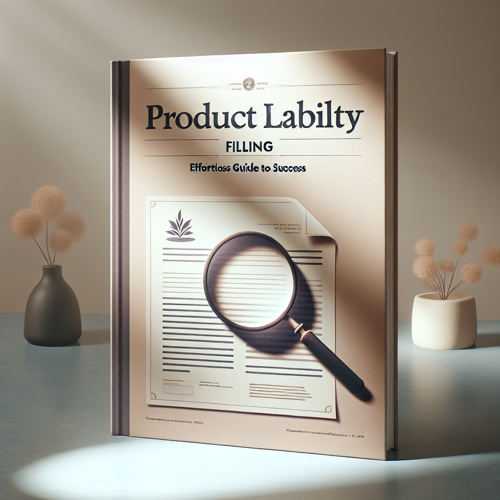 An image depicting a book cover titled 'Product Liability Filing: Effortless Guide to Success'. The cover is very professional looking: a clean, minimalist design in soft, neutral colors. The title of the guide is written in a bold, elegant font. Beside the title there is an image of a magnifying glass examining a document with a paragraph titled 'Product Liability'. There's hint of a soft glow around the magnifying glass to represent 'insight' or 'discovery'. In the background, a subtly textured table under natural light, casting soft shadows.
