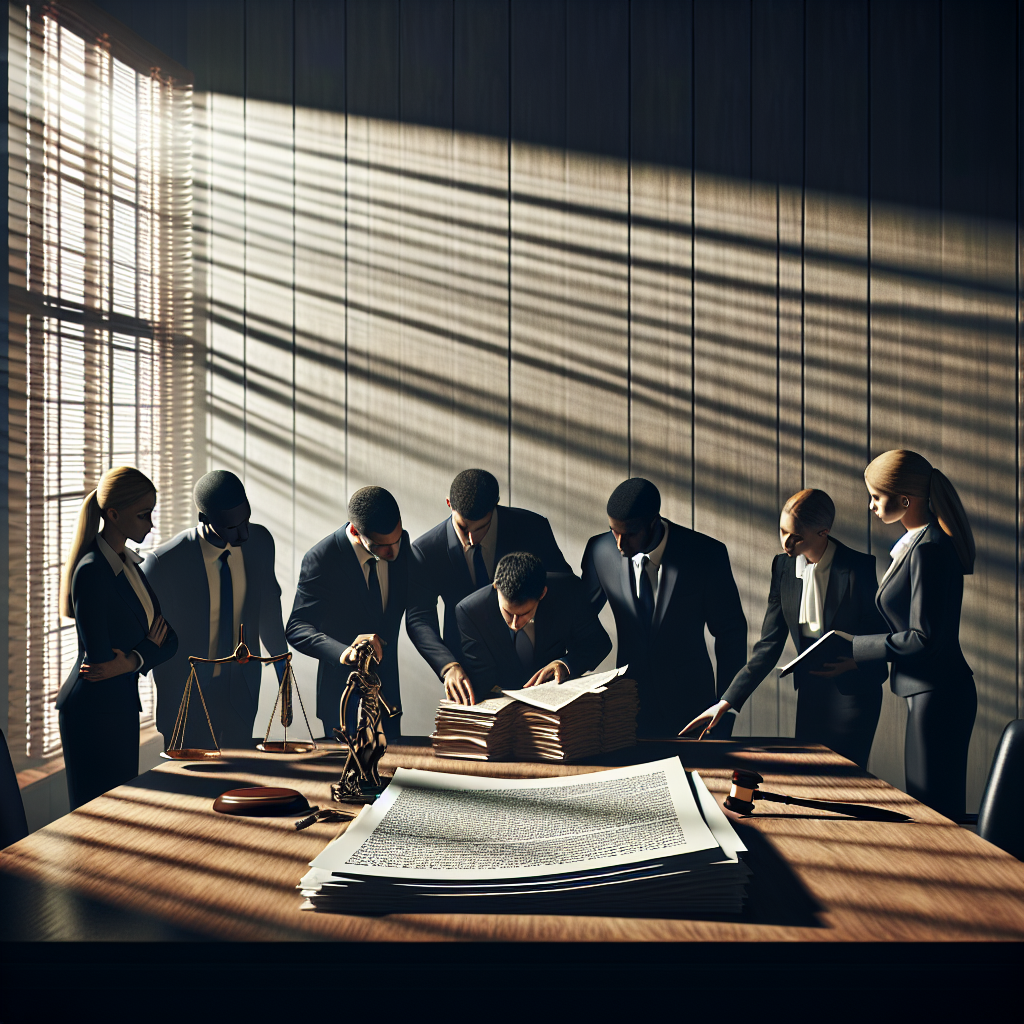 Visual representation of the concept of 'Negligence Liability', featuring a legal drama scene. An ethnically diverse team of attorneys, with members of various genders included, are examining a stack of legal documents on a hardwood conference table. A subtle beam of natural sunlight is peeking through the tall, closed blinds of the office, casting soft shadows on the papers and highlighting key phrases concerning negligence liability. In the background, there's a scale symbol representing justice. The overall scene should exude subtly the seriousness and sophistication involved in mastering the steps towards success in negligence liability cases.