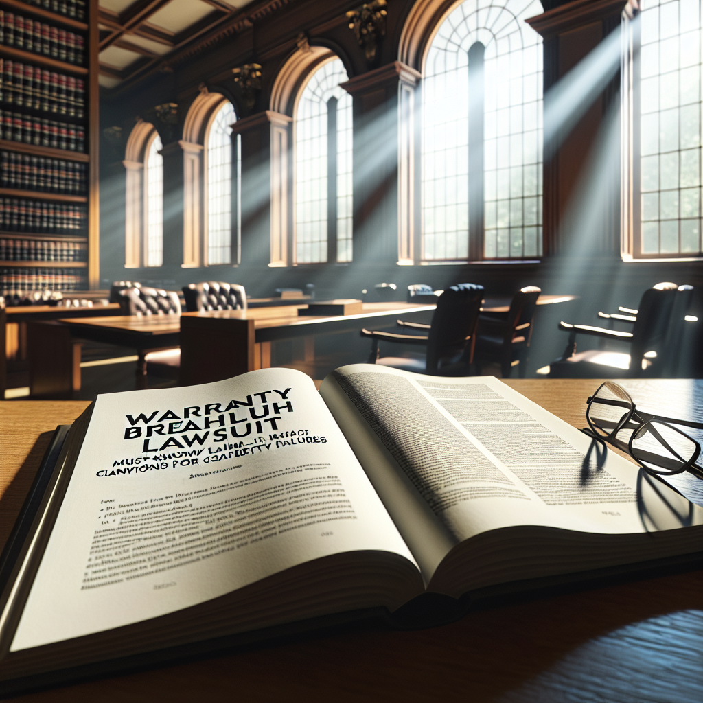 A serene courthouse bathed in natural light filtering through the windows, lending the room a soft shadow effect. In the room, an open book rests on a wooden table, its pages spread to reveal a chapter titled 'Warranty Breach Lawsuit: Must-Know Claims for Safety Failures'. This chapter details types of claims and consequences related to safety failures. Lying close to the book is a pair of reading glasses enhancing the scholar-like atmosphere.