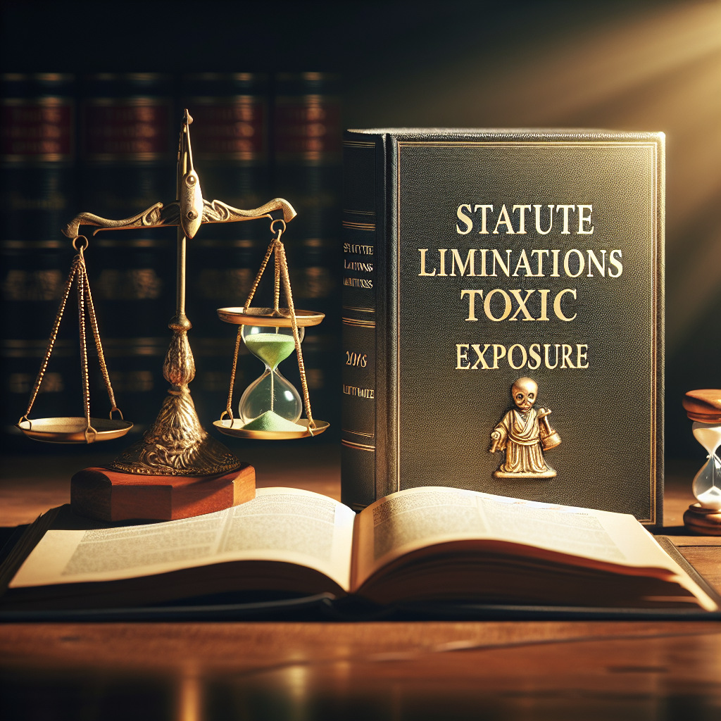 A detailed image that shows an open law book with a golden balance on one side, displaying the words 'Statute Limitations Toxic Exposure' in bold letters. Beside it, there's an hourglass showing that time is ticking. The scene is lit with soft natural light creating soft shadows around the objects, representing the theme of 'Must-Know Legal Insights'. The background of this image can be a classic wooden desk that adds a more professional and serious feel to the scene.