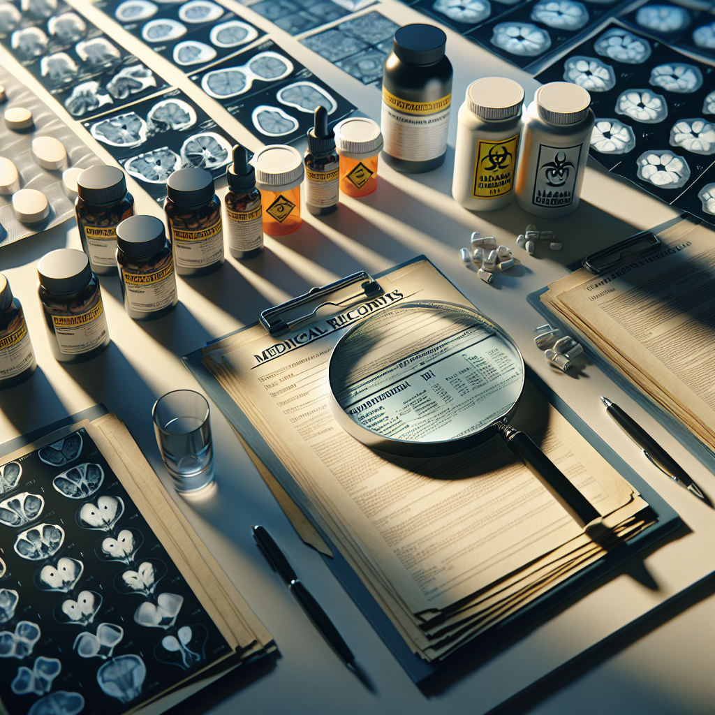 Visualize a well-organized table hosting various forms of medical records including opened files, X-rays on a light board, MRI scans, and medication packages with hazard labels. The lighting is soft and natural, creating delicate shadows around the objects. A magnifying glass is focused on a product label, highlighting the harmful ingredients, signifying the evidence of detrimental effects. On the desk around the records, there are pens, glasses, and a coffee cup, suggesting an ongoing investigation into these harmful products. Note that the image should represent a thorough quest for truth within a serene and focused atmosphere.