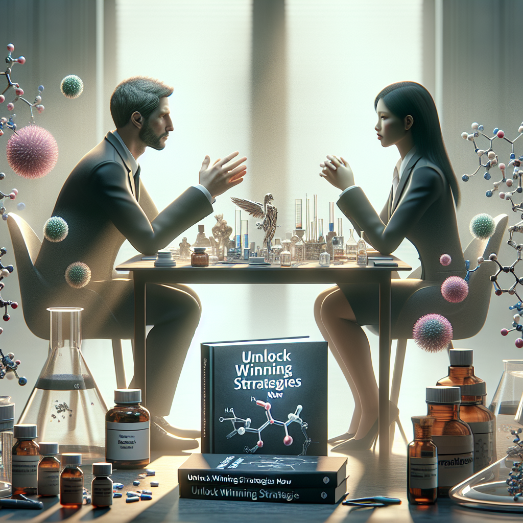 Create an image that visualizes a concept of negotiation in the field of pharmacology. Envision two figures at a table embedded in an elegant, professional setting. Both figures are engrossed in a deep conversation about strategic plans. One figure is a Caucasian male and the other figure is a South Asian female, representing diversity. They are surrounded by different pharmaceutical items, such as pills, lab equipment, and complex molecular models. A book titled 'Unlock Winning Strategies Now' lies prominently between them under soft natural light casting soft shadows.