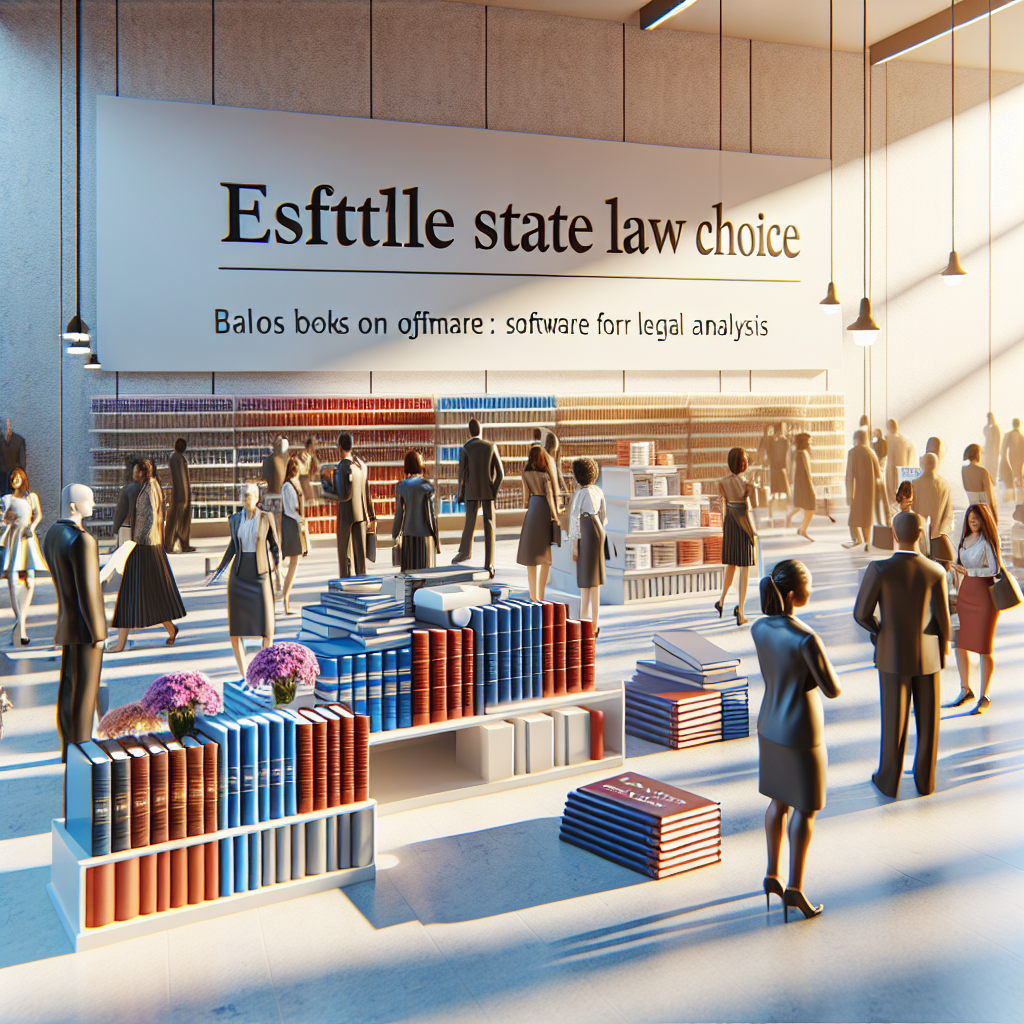 Imagine an inviting and vibrant shopping scene under the glow of natural lighting with soft shadows. While focusing on the juxtaposition of different product categories, adhere to an underlying theme of 'Effortless State Law Choice'. Display books on state laws, software for legal analysis, seminars and webinars on state laws, strategically placed across the forum. The products should resonate educational and legal themes. Include shoppers of different races and genders, from Caucasian women to Black men, Middle-Eastern individuals to South Asians, all interacting, discussing, and engaging with the products.
