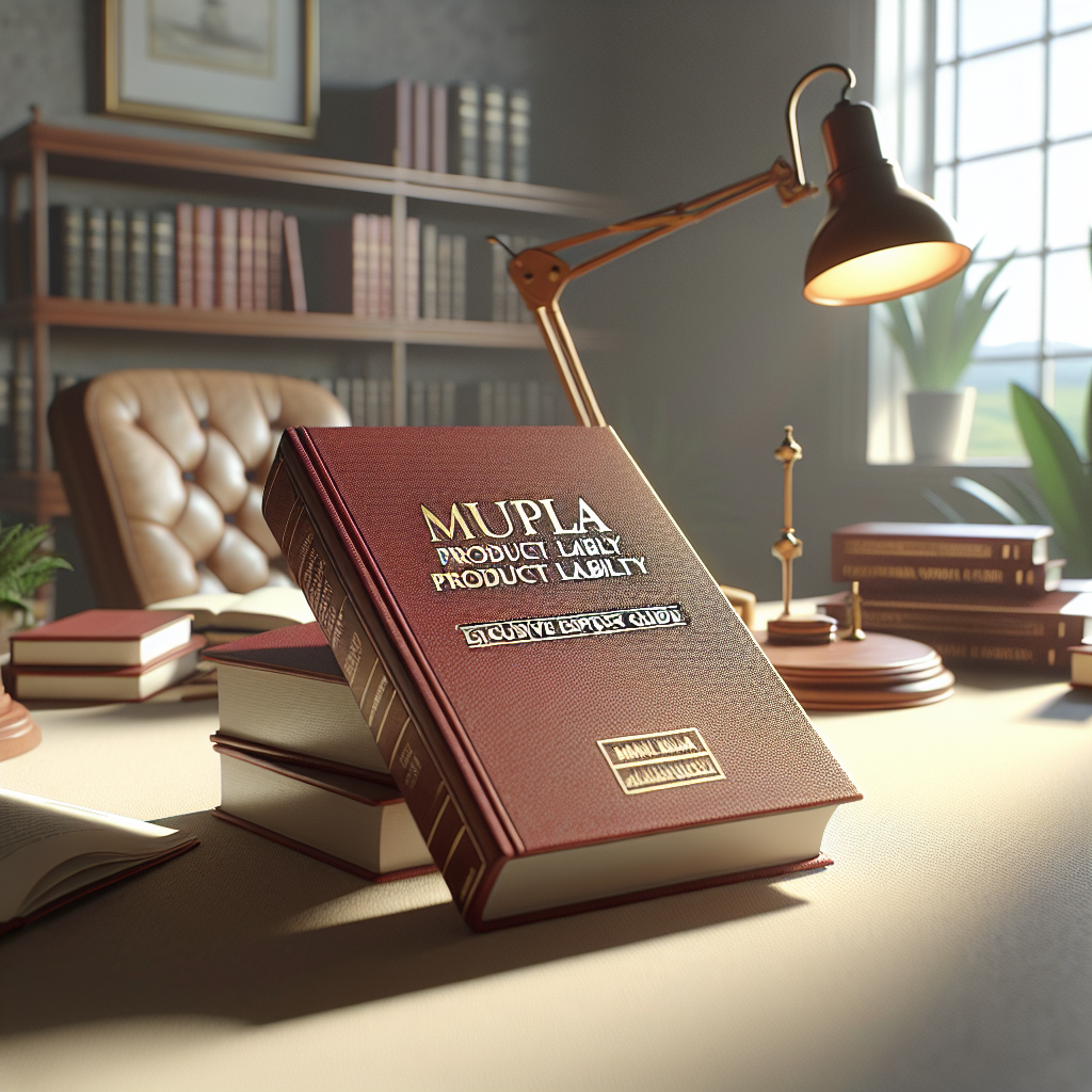Create a photorealistic image with natural lighting and soft shadows. The setting is a calm study room with books, a desk, and a reading lamp. The prominent object in the room is a book titled 'MUPLA Product Liability: Exclusive Effortless Guide', placed flat on the desk. The book is red with gold inscriptions. The surrounding environment reflects a serene, studious atmosphere.