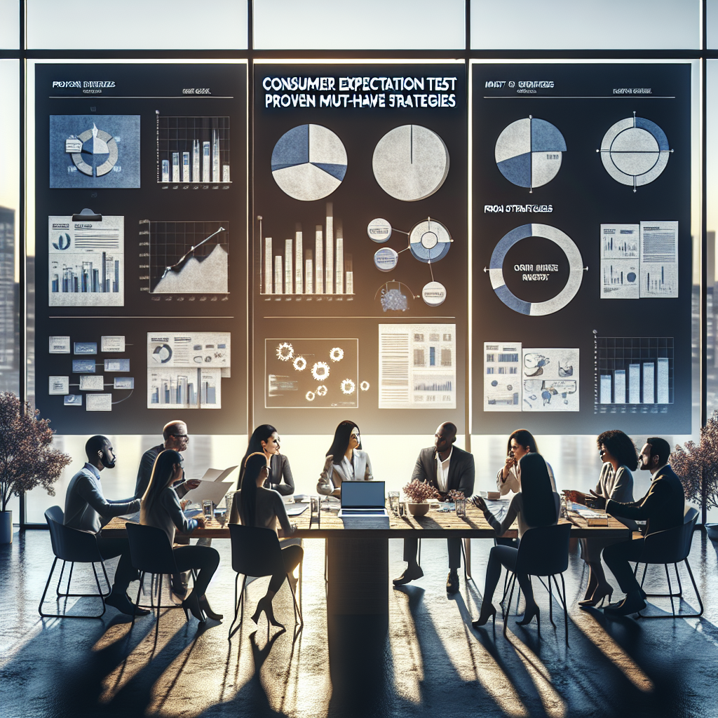 Visualize the concept of 'Consumer Expectation Test: Proven Must-Have Strategies'. Imagine a setting where a team of diverse professionals – a Caucasian woman, a Black man, a Hispanic man and a Middle-Eastern woman - are engaged in an intense discussion. They sit around a table littered with documents containing bar graphs, pie charts and flow diagrams. On the table also stands a laptop displaying an infographic titled 'Proven Strategies.' The room is lit by the natural light seeping through the large window presenting a calm cityscape. Soft shadows cast by the objects contribute to the sense of realistic depth.