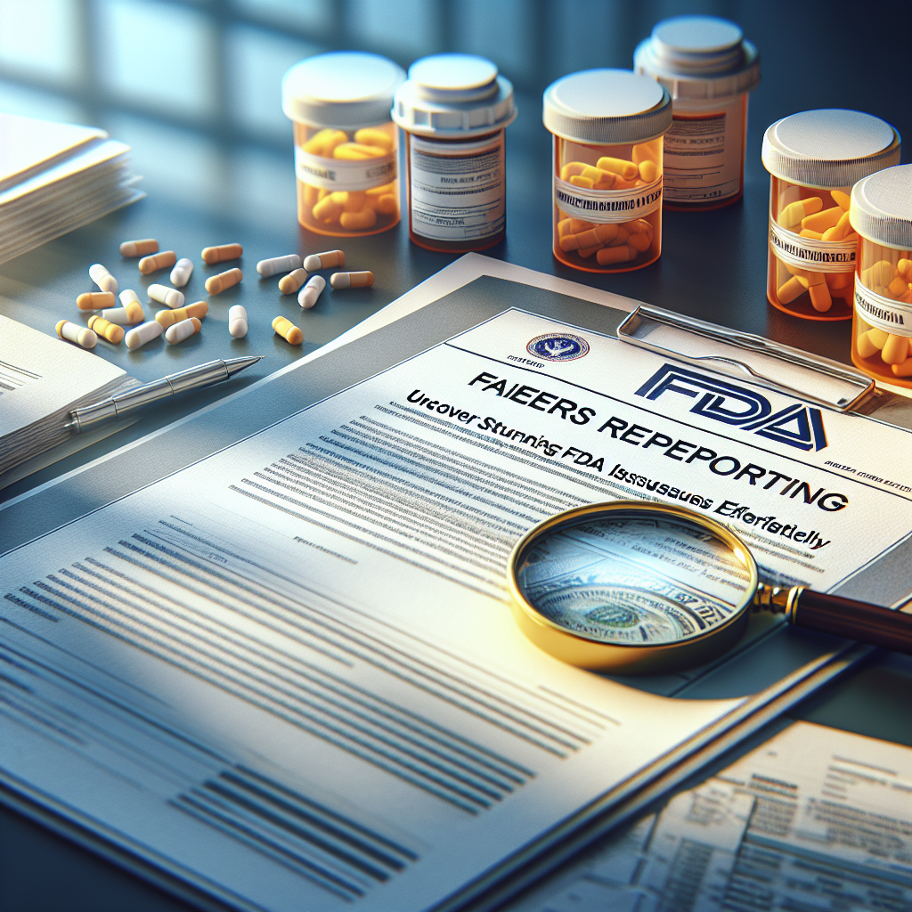 Create a photorealistic image that depicts a scene related to uncovering stunning FDA issues effortlessly. The image should have elements that symbolize medical or health-related regulation, possibly a desk with official documents, prescription pills, and a magnifying glass to represent investigation. Incorporate natural lighting and soft shadows to lend depth and realism. Add a title at the top that 'FAERS Reporting' and place 'Uncover Stunning FDA Issues Effortlessly' at the bottom of the image for emphasis.