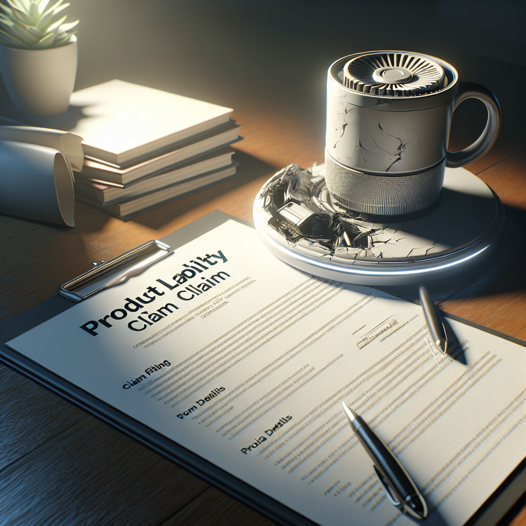 Depict a scene illustrating the concept of product liability claims. The image highlights a defective product on a table with visible damage. Nearby is a legal document titled 'Product Liability Claim' with prominent sections such as 'Claim Filing', 'Product Details', and 'Stunning Results'. The scene is illuminated with natural light creating soft shadows. Everything is presented in a high-quality, photorealistic style.
