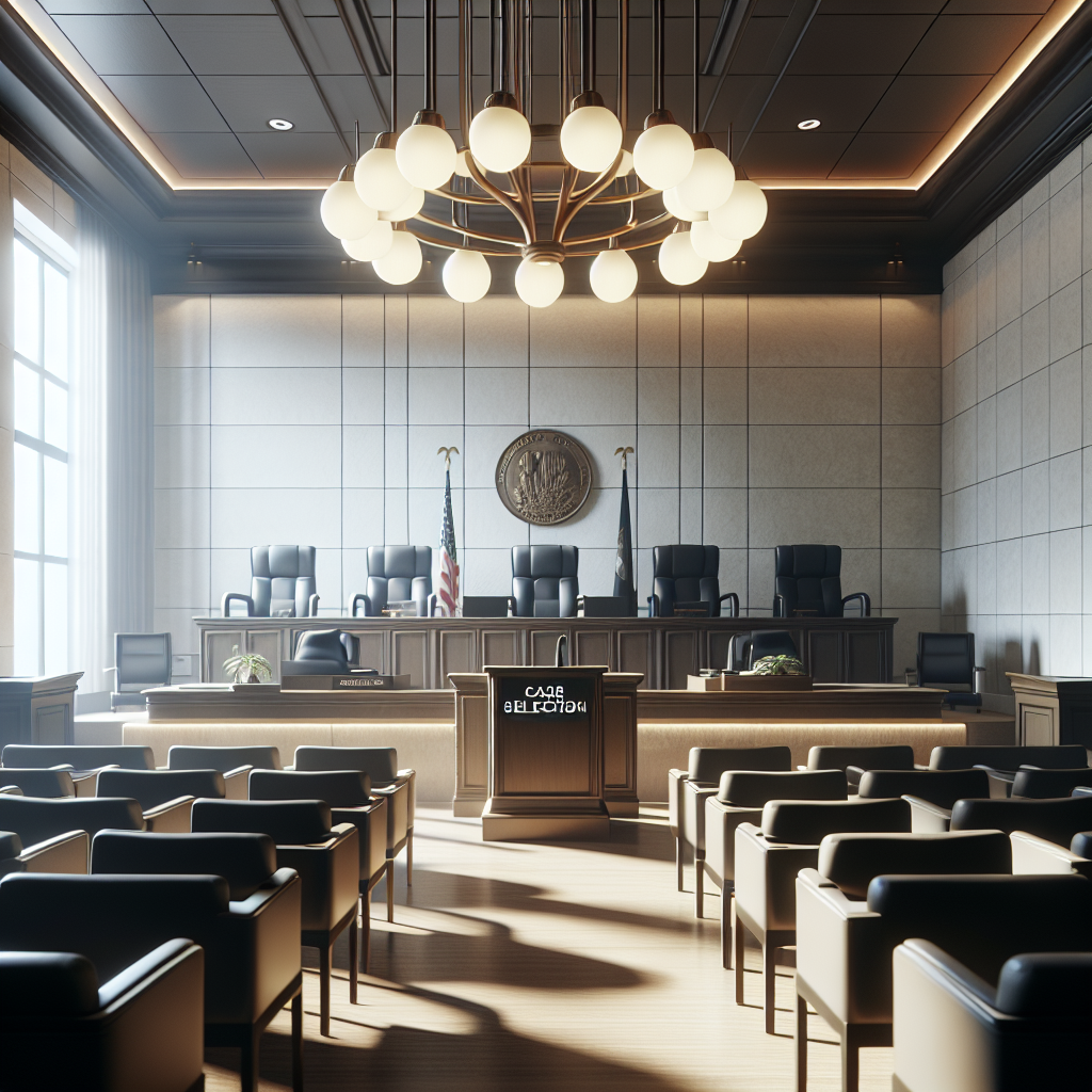 Create a high-quality, photorealistic image that showcases a modern courtroom. The scene should be bathed in natural light, creating an atmosphere of transparency and integrity. The precise illustration of key elements such as juror seats, judge's bench, attorney's podium, and witness stand gives a feel of a bellwether trial. The nameplate on the judge's desk reads 'MDL: Case Selection Bests'. The room is filled with quiet anticipation, the air heavy with soft shadows. Display this diverse setting with a sense of grandeur and the awe-inspiring feel of justice in action. Remember, the focus is not on individuals, but on the stunning nature of the courtroom itself.