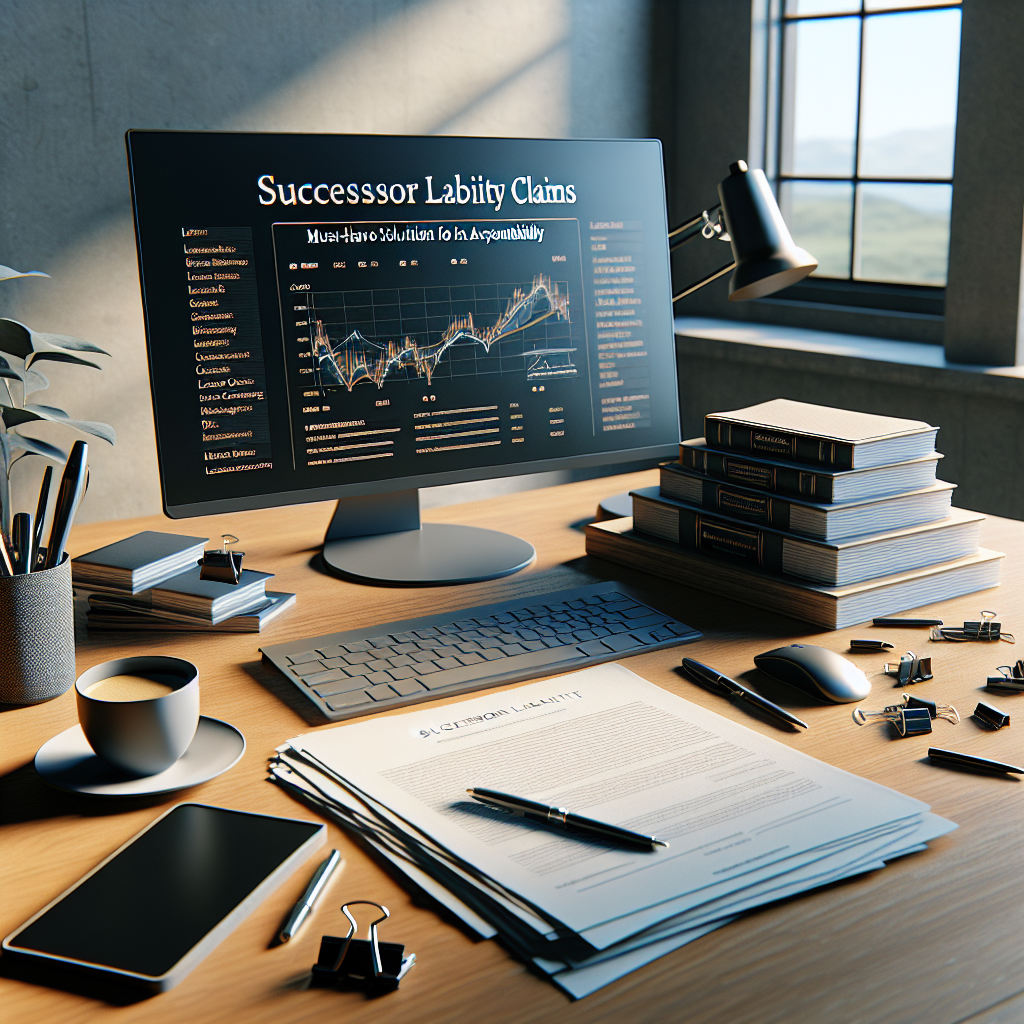 Generate a high-quality, photorealistic image, featuring a clean, organized desk space. On the wooden desk is a stack of legal documents labelled 'Successor Liability Claims', a modern computer displaying legal research software showing 'Must-Have Solutions for Accountability', scattered pens, and a cup of coffee. The feel of the image should convey rigorous legal work, with natural lighting from a window casting soft shadows on the desk.