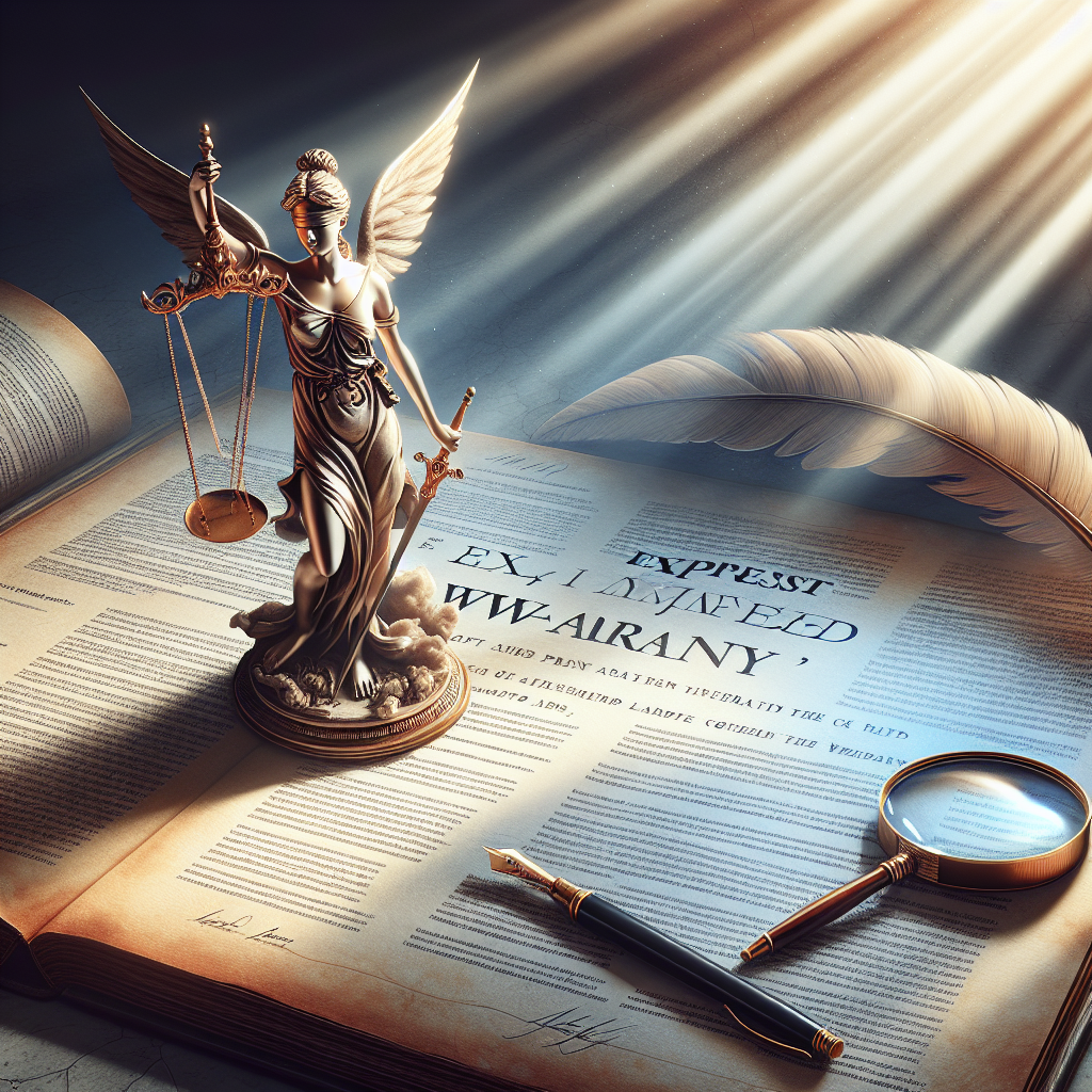 A beautifully designed, illustrated image representing the concept of 'Express Implied Warranty'. The image features an old, time-worn statue standing majestically holding the scales of justice, with light streaming in from behind creating soft shadows. In the foreground, a legal document is spread open, filled with the fine print language outlining the details of the warranty, and a golden quill pen rests atop. A magnifying glass is also placed on the document, emphasizing some key points. The entire scene is painted with a soft color palette, creating a sense of tranquility and subtlety. It's a blend of classical and modern aesthetics to convey the stunning intricacy and importance of legal knowledge.