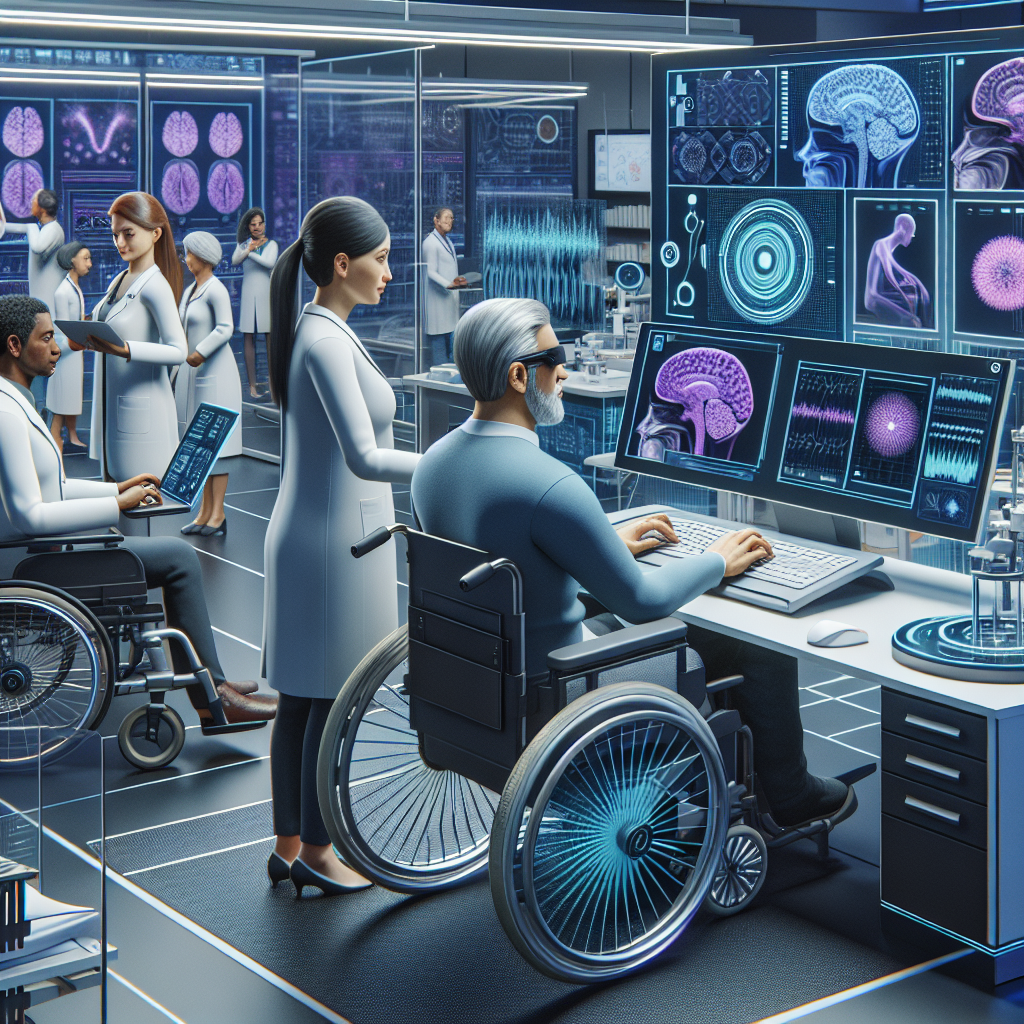 A detailed scene depicting a tech-driven environment where people with ALS experience increased independence. There's a Caucasian woman using modern communication technology, typing on a sophisticated computer assisted by an eye-tracking interface. Nearby, a Middle Eastern man operates an advanced wheelchair equipped with an assistive device, allowing him to navigate freely. The room they are in is adorned with cutting-edge technologies, including screens displaying neurology-related scientific data and 3D printed medical equipment. There are medial professionals, a South-Asian female and a black male, discussing some charts, conveying an atmosphere of continuous research and adaptation.
