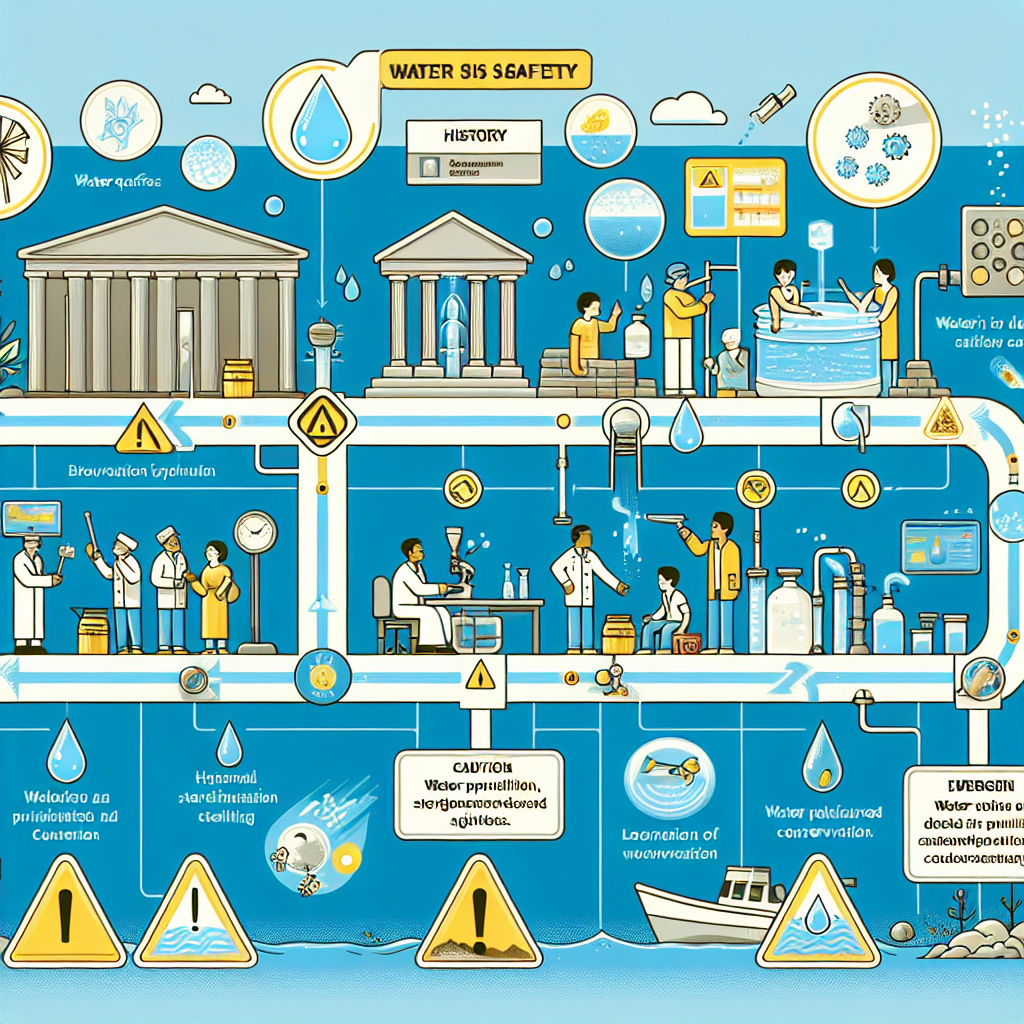 Visualize a materialization of a timeline showcasing key moments in the history of water safety. Begin from early innovations like the aqueducts, then progress to modern techniques of purification, sterilization, and conservation. Use meaningful symbols and iconography to signify each significant event. Insert caution signs and emergency alerts at points where water-related disaster accidents have occurred. Make sure to include some humans to illustrate the implementation of these safety measures: An Asian male testing the water quality in ancient times, a Hispanic female scientist developing a purification method in the 20th century, and a Middle-Eastern child learning about water conservation in a modern school setting.