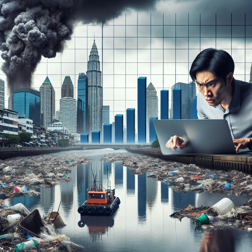 Create an impactful scene to illustrate the severe effects of urban water pollution. Portray a dense, modern cityscape with skyscrapers reflecting in a stagnating, polluted river full of waste materials. In the background, incorporate a threatening grey cloud perhaps suggesting harmful chemicals leaching into the river. In the foreground, design a bar graph with increasing values to represent the alarming rise in ALS Rates. Present an East Asian male researcher, anxiously working with this data on a laptop. His expression should reflect the seriousness and urgency of the issue.