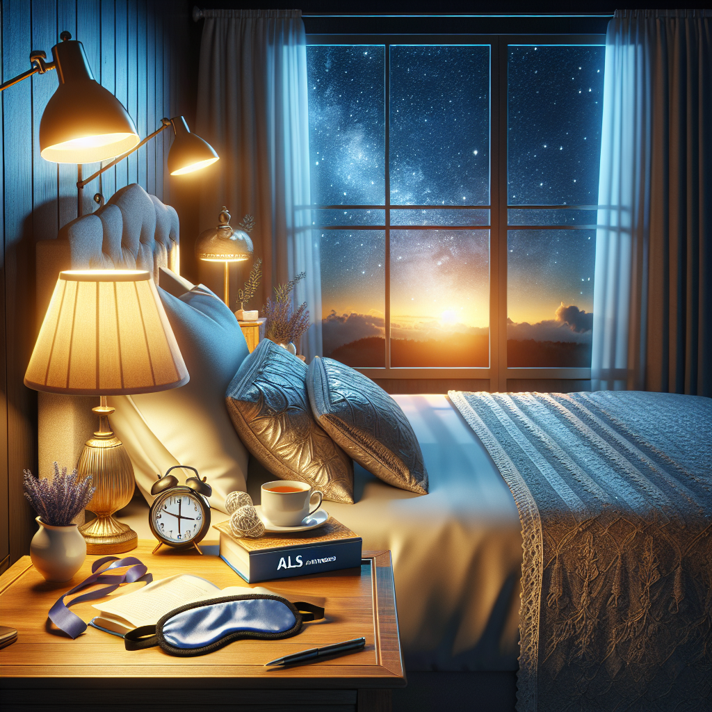 Create an image showcasing a tranquil nighttime setting inside a bedroom which includes a comfortable queen-size bed, a bedside table with a lamp casting soft golden light, a book about ALS awareness resting on the table, a sleep mask, and a digital alarm clock showing midnight. Also, include aspects that symbolize healthy sleep habits such as a cup of herbal tea on the bedside table and a window showing a clear starry sky denoting serenity. Ensure to represent this scene as peaceful and restful.