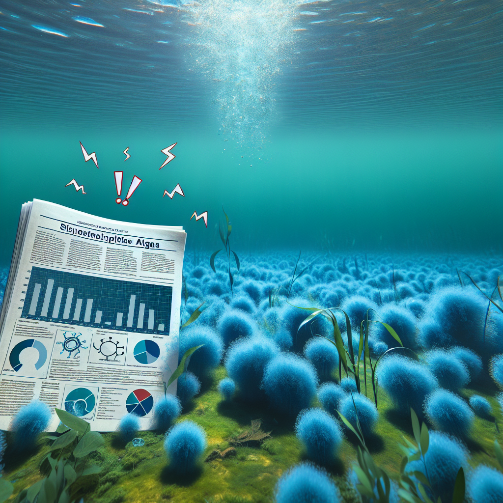 An underwater scene filled with flourishing blue-green algae, also known as cyanobacteria, teeming beneath the surface of a calm lake. The algae is a vibrant mix of blue and green, dancing and undulating in the underwater currents. In the foreground, a scientific report hovers above the water. The report's cover page displays diagrams and bar graphs illustrating the link between blue-green algae and the risk of ALS (Amyotrophic Lateral Sclerosis). Shocks of surprise symbols are embedded in the pages, signaling the alarm and shock associated with this newfound discovery.