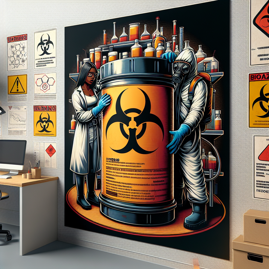 An explicit illustration displaying the dangers of hydrazine toxicity. A biohazard sign prominently displayed on a container indicating the presence of hydrazine. To convey the risks, depict a scientist in a hazmat suit, who is of Black descent and female, handling the container with extreme caution in a well-equipped laboratory. Include visible warning labels and safety posters on the lab walls highlighting the risks associated with this chemical. Make the overall environment intense and cautionary to reveal the risks associated with hydrazine.