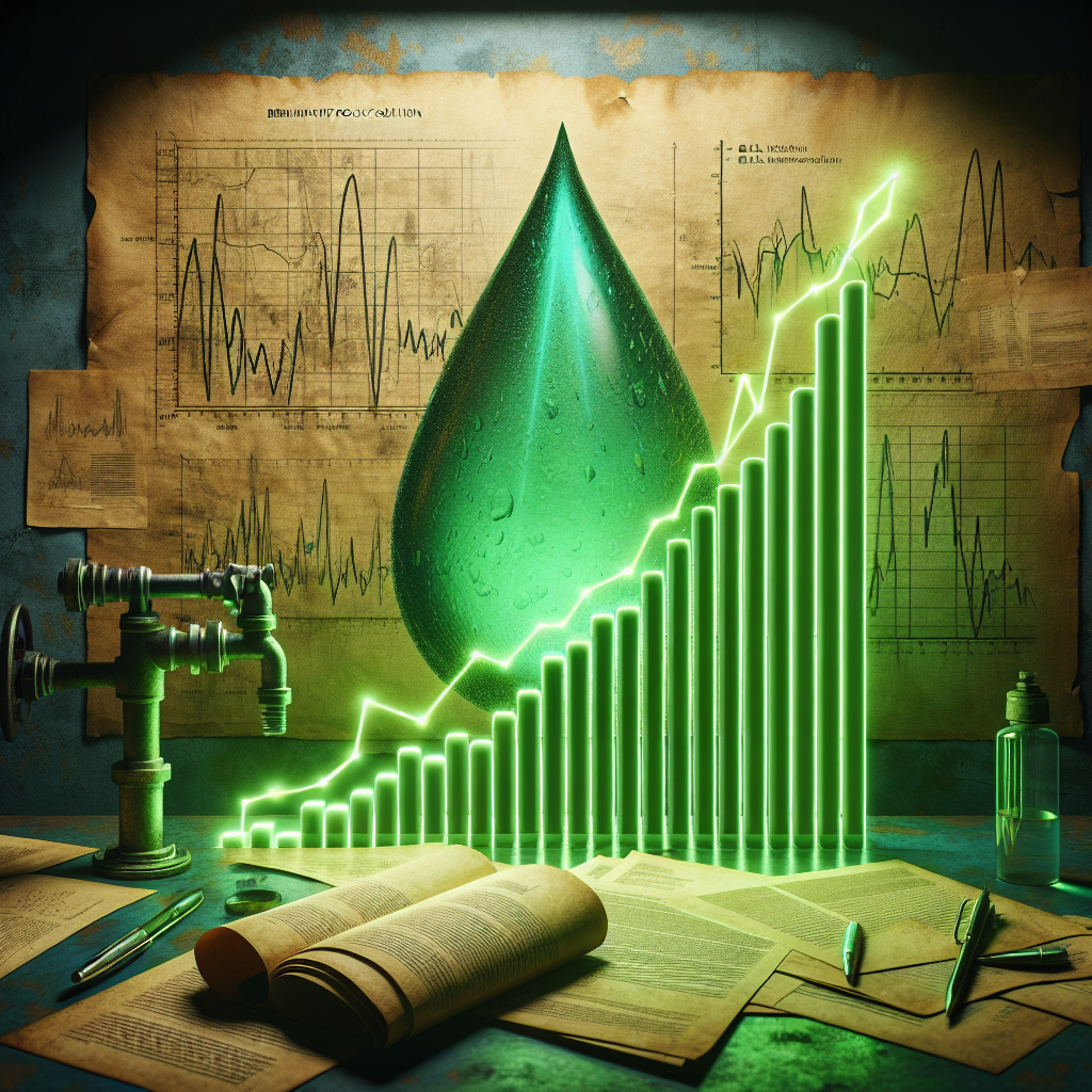 A fluorescent green graph, growing exponentially on weathered parchment, symbolizing the increasing numbers of ALS patients. In the background, a faded visualization of a water droplet, echoing the 'real water scandal'. At the bottom, a table filled with various policy documents, with one parchment unrolled to reveal a vibrant, glowing solution symbol (perhaps a tick or a lightbulb). The overall mood is solemn, yet hopeful, suggesting a dire situation being remedied by a brilliant public policy solution.